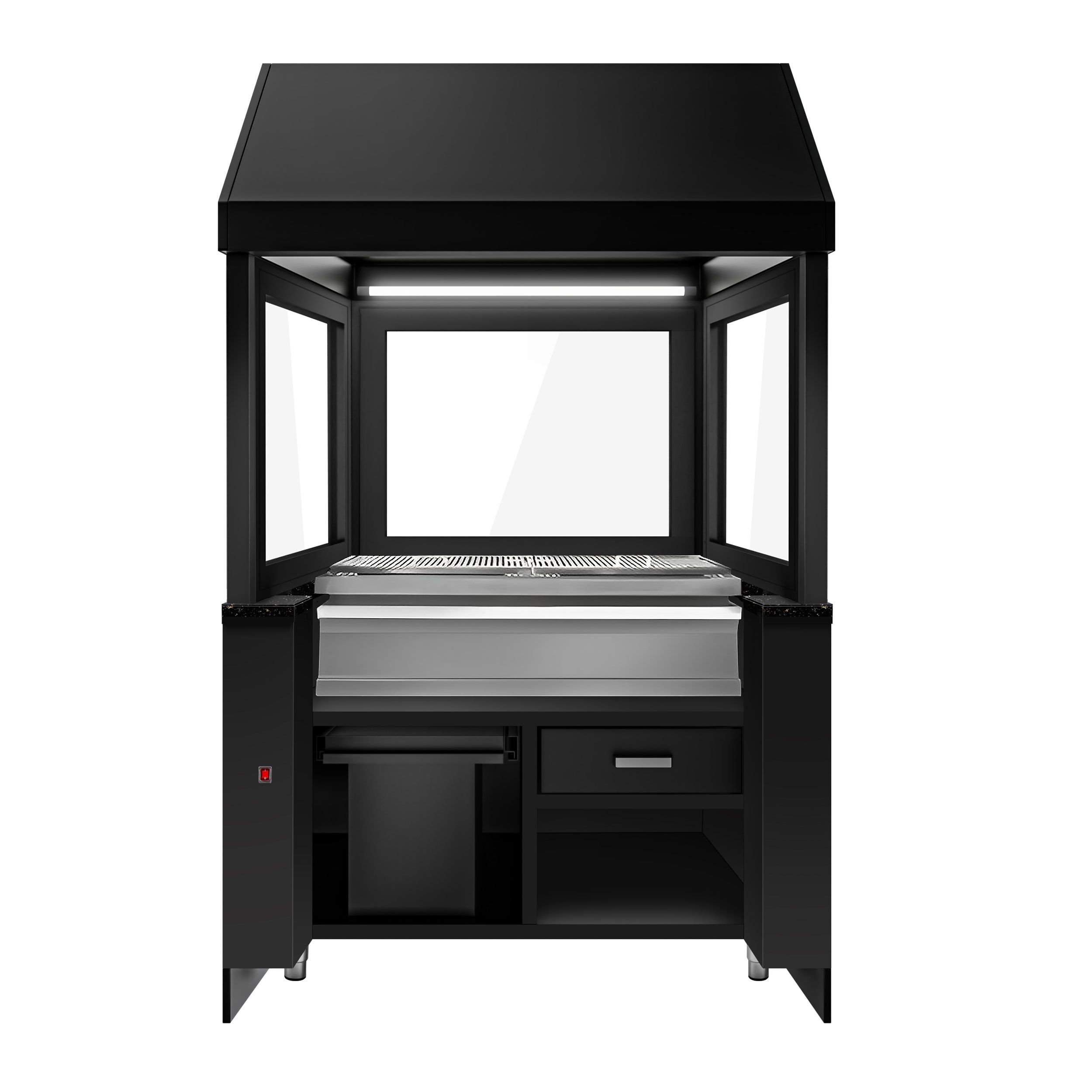 Barbecue au charbon de bois TORONTO – 1100 mm – façade noire – plan de travail en granit noir – verre de protection thermique