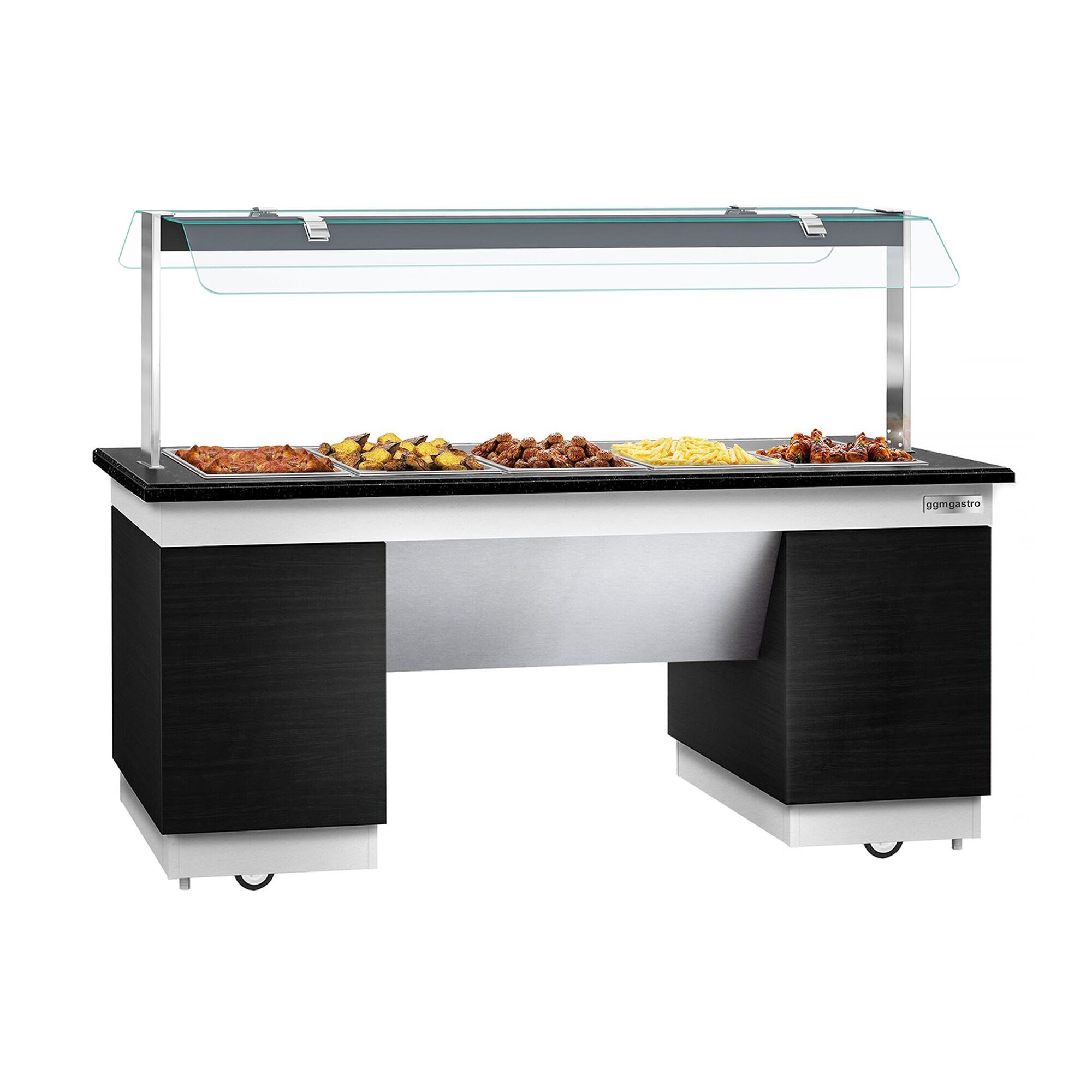 Buffet chaud DUBLIN - 2000mm - avec bain-marie - sur roulettes - pour 5x GN 1/1 - Noir