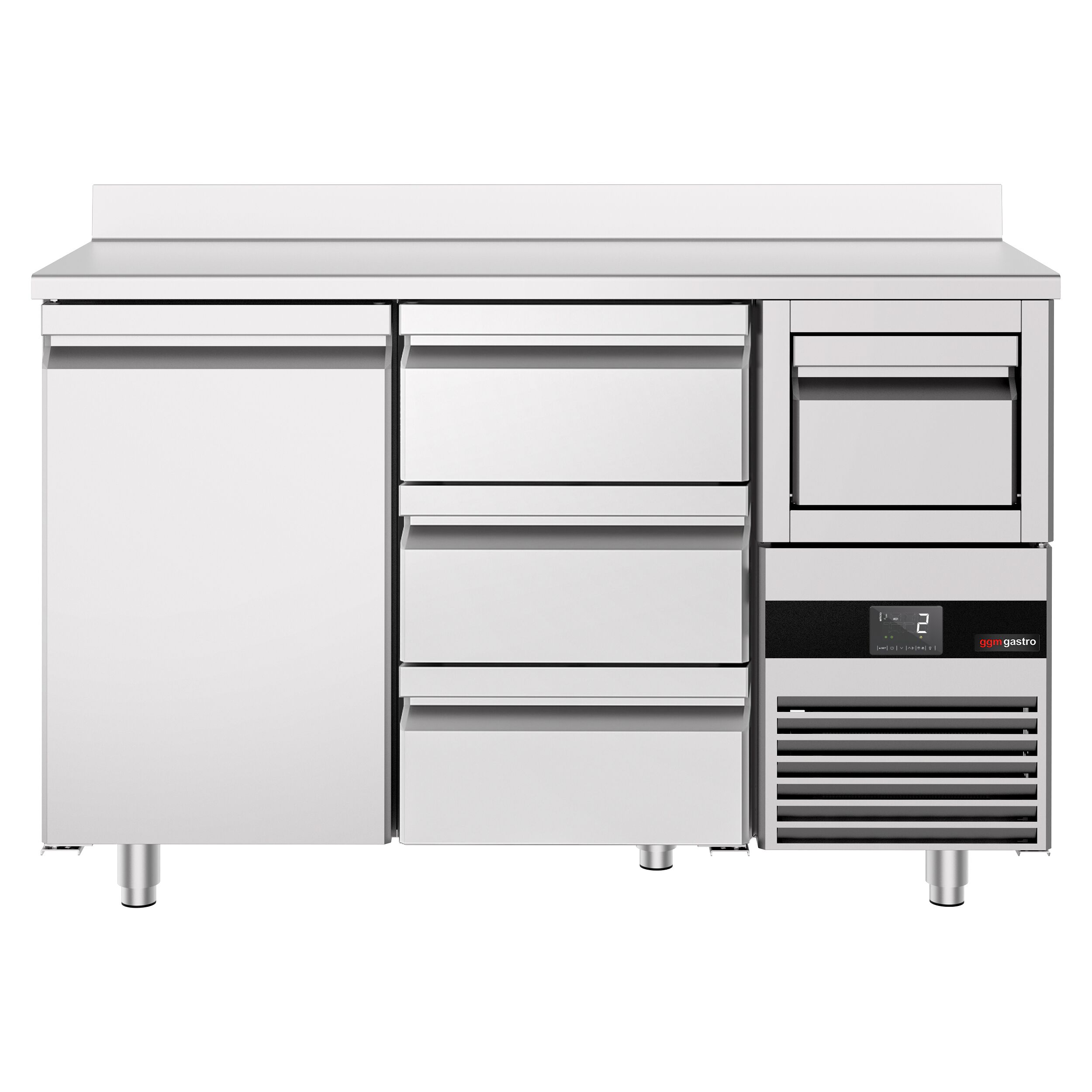 Arrière-bar réfrigéré professionnel  PREMIUM - 1580 x 600 mm - avec 1 porte et 3 tiroirs - avec dosseret - avec tiroir à marc de café