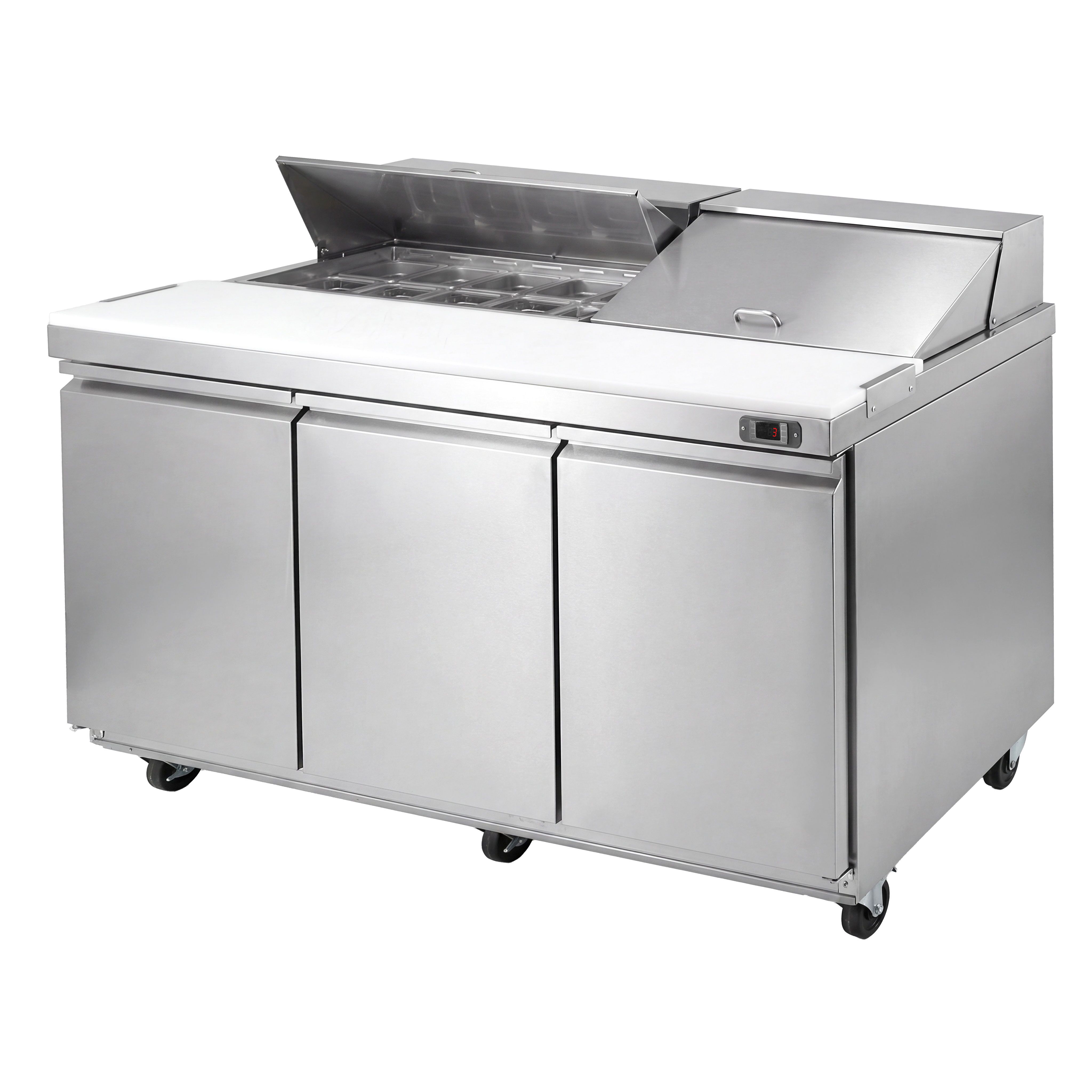 Commercial Saladette Counter American Style PREMIUM - 1830mm - 1940L - 3 doors - open top for 18 x GN 1/6 & stainless steel hinged lid - incl. 18x GN 1/6 pans