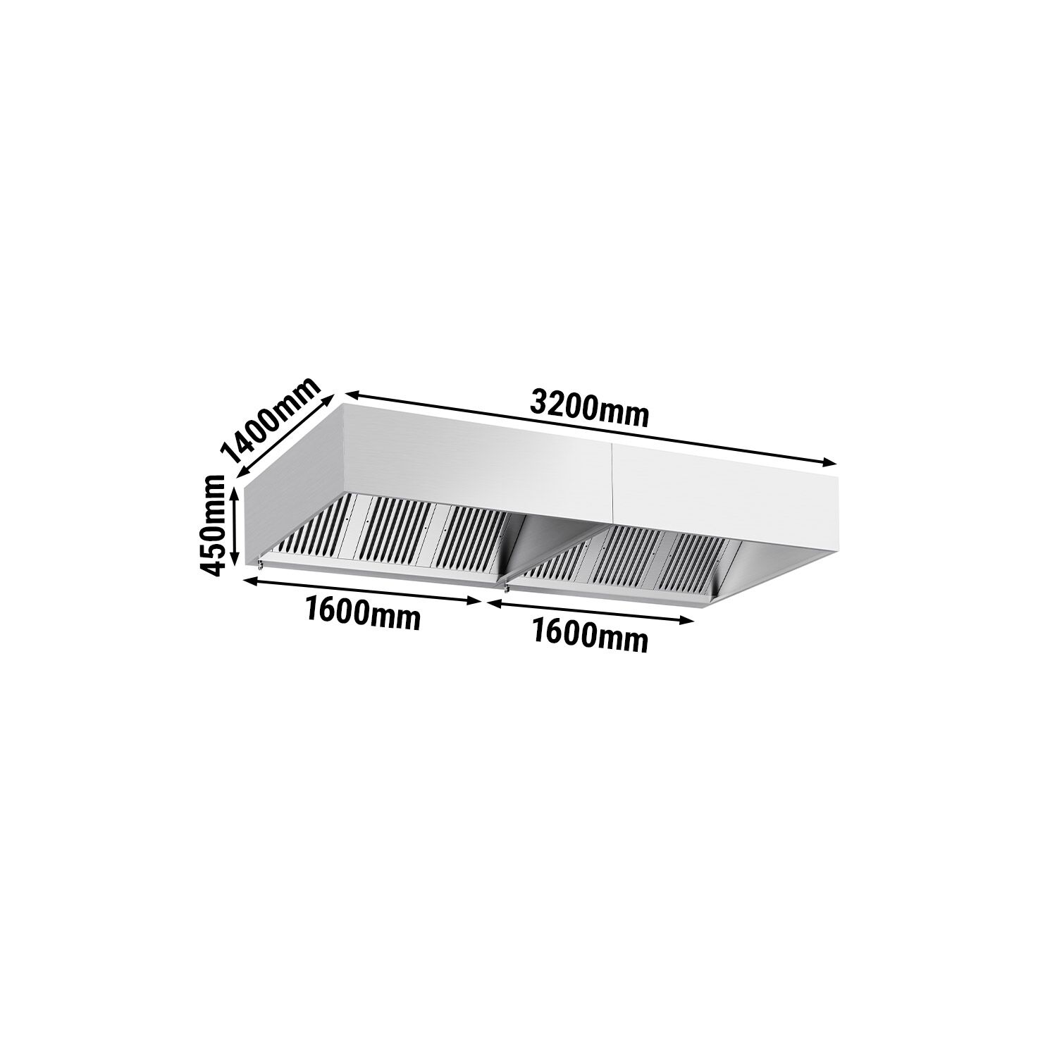 Hotte à adosser professionnelle - 3200mm - sans moteur - avec filtres et éclairage