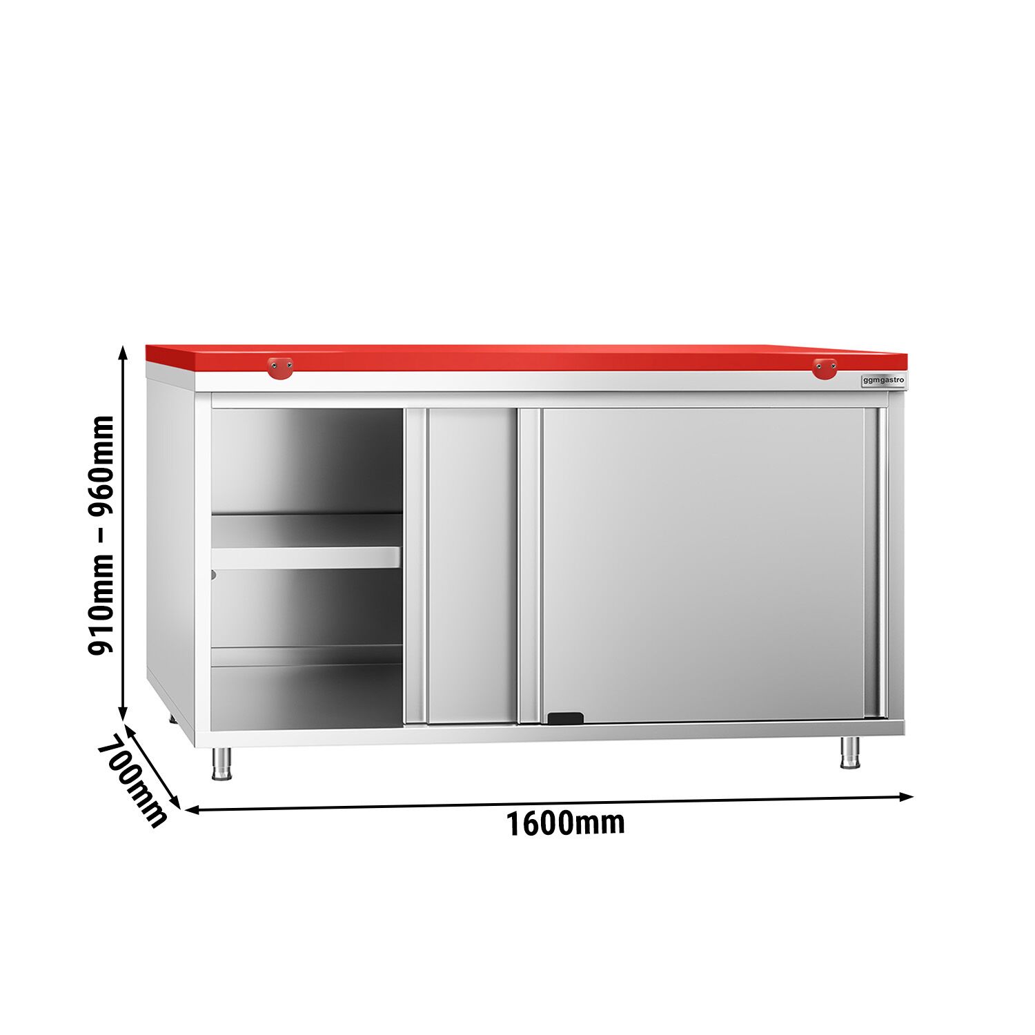 Table armoire en acier inoxydable PREMIUM - 1600x700mm - avec portes coulissantes et étagère basse - pour viandes crues - incl. plateau de découpe Rouge PEHD (HACCP)