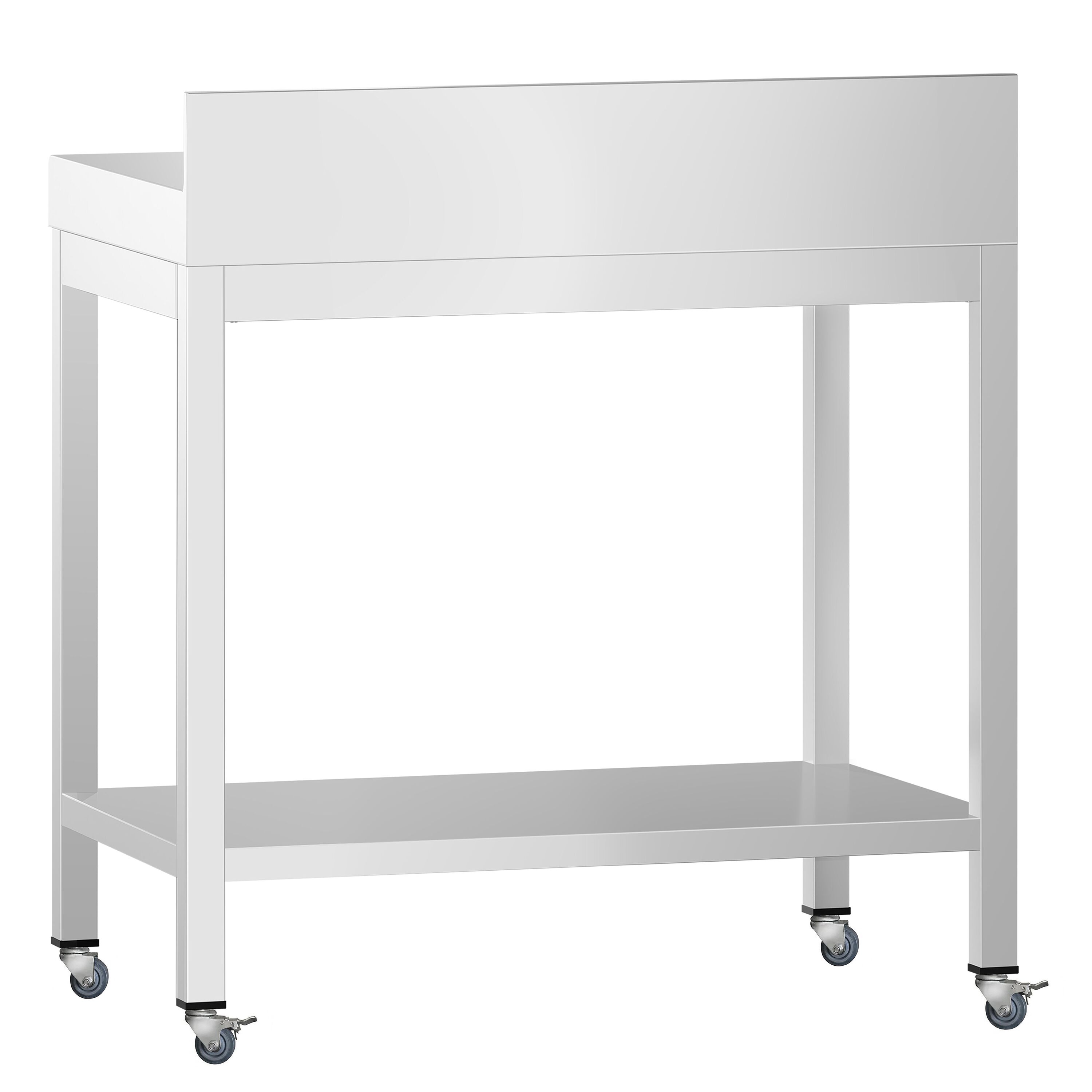 Table de travail en inox PREMIUM - 600 x 600 mm - avec tablette inférieure, dosseret et roulettes
