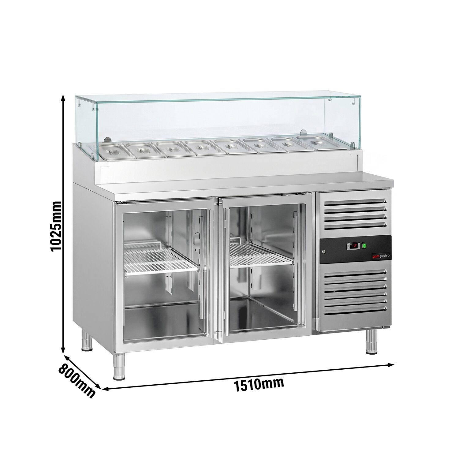 Zubereitungstisch PREMIUM - 1510mm - 2 Glastüren - mit Glasaufsatz - für 8x GN 1/3