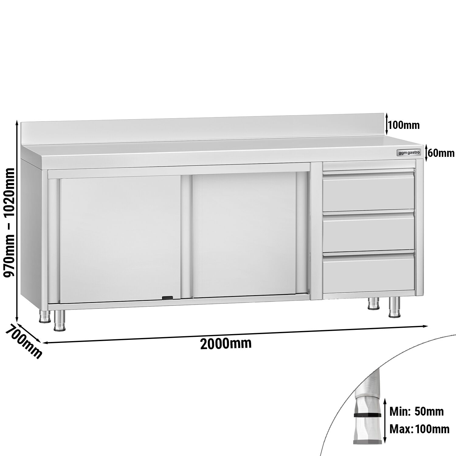 Table armoire en acier inoxydable ECO - 2000x700mm - avec portes coulissantes et 3 tiroirs à droite - avec dosseret