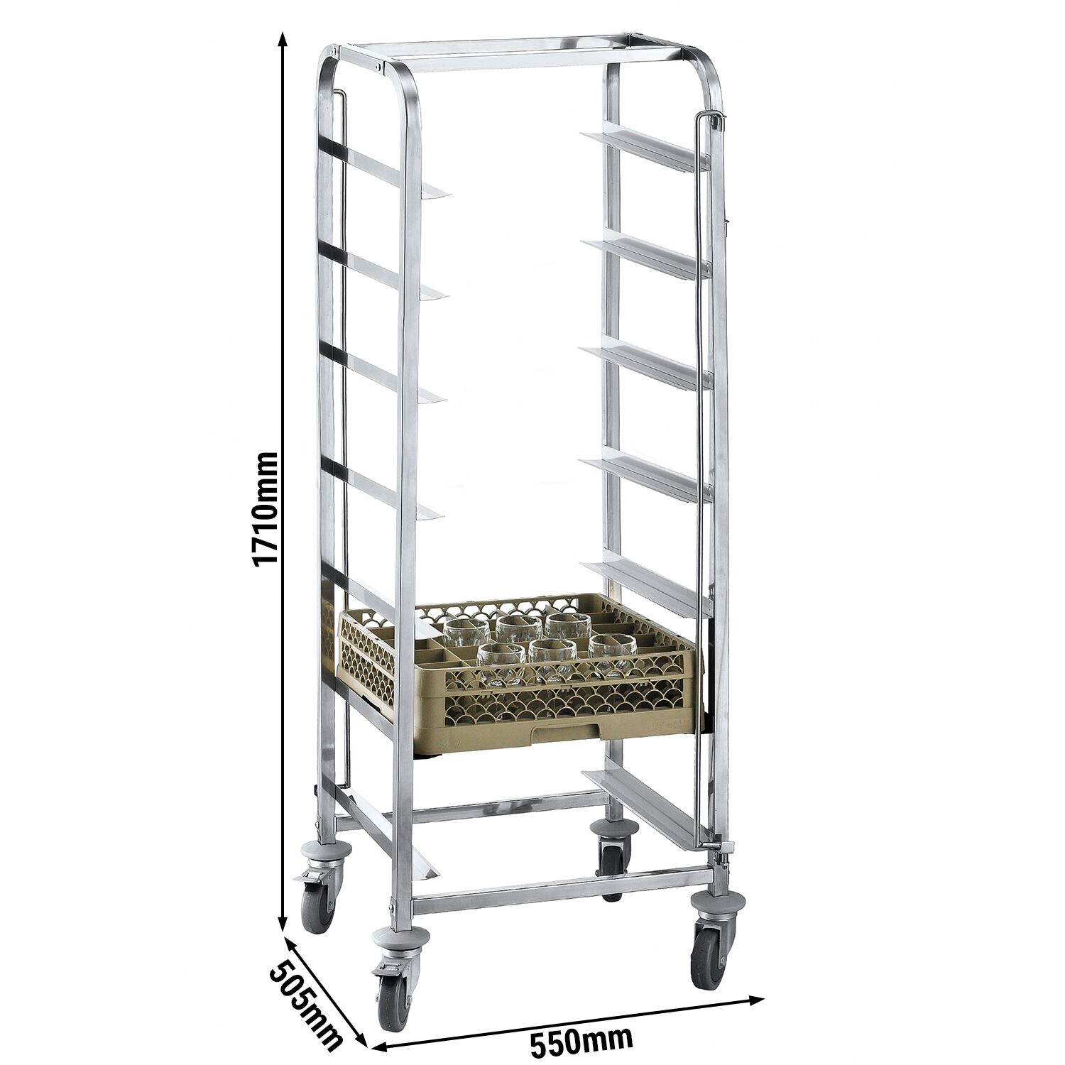 Chariot pour casiers à vaisselle en acier inoxydable - pour 7 paniers Dimensions des paniers : 500x500mm & 400x500mm - sans poignée