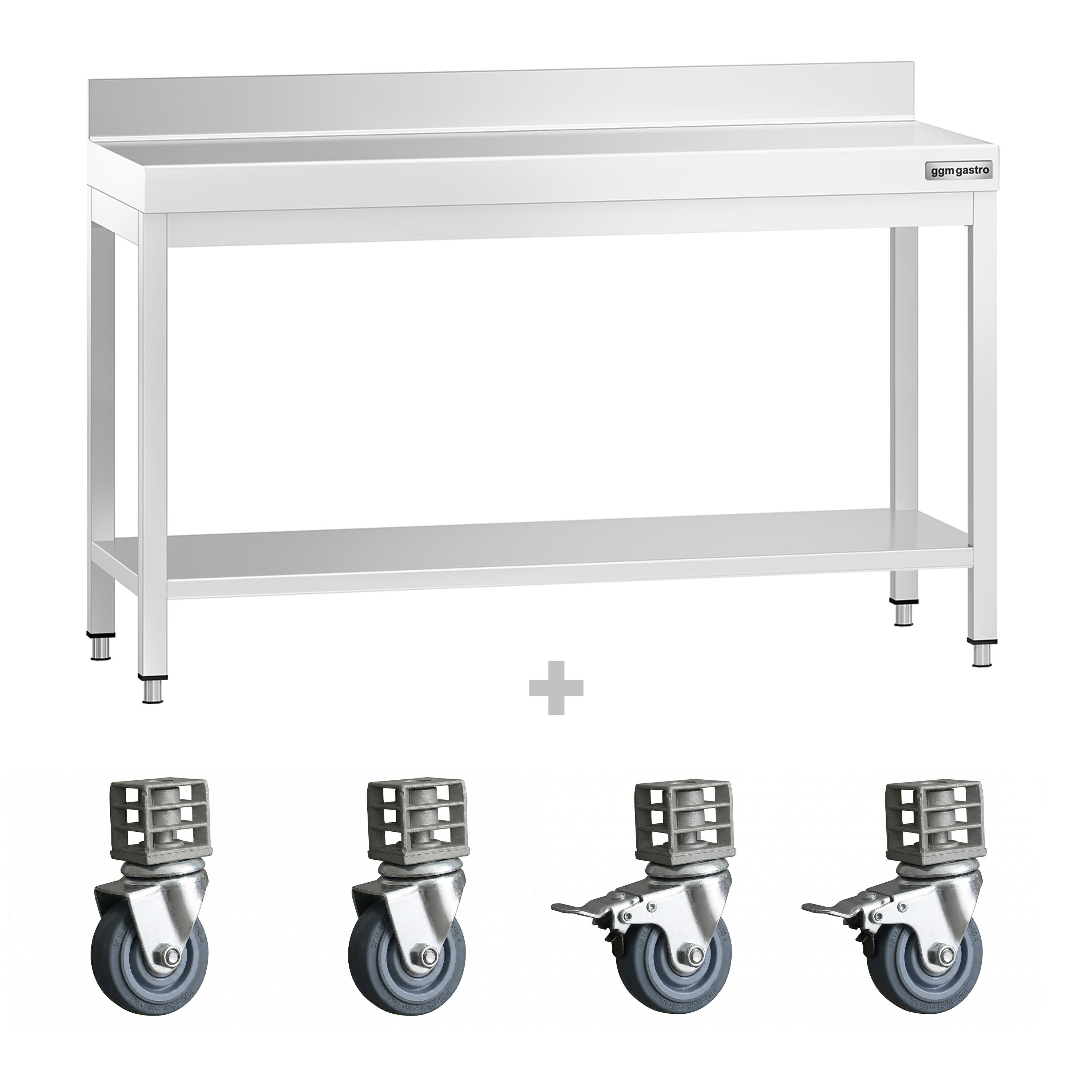 Table de travail en inox PREMIUM - 1400 x 600 mm - avec tablette inférieure, dosseret et roulettes