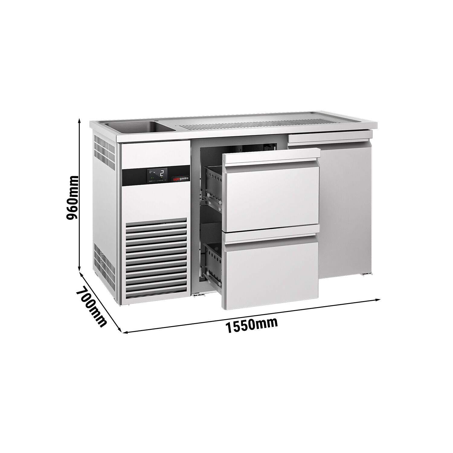 Comptoir de bar réfrigéré PREMIUM - 1550x700 mm - 1 porte et 2 tiroirs