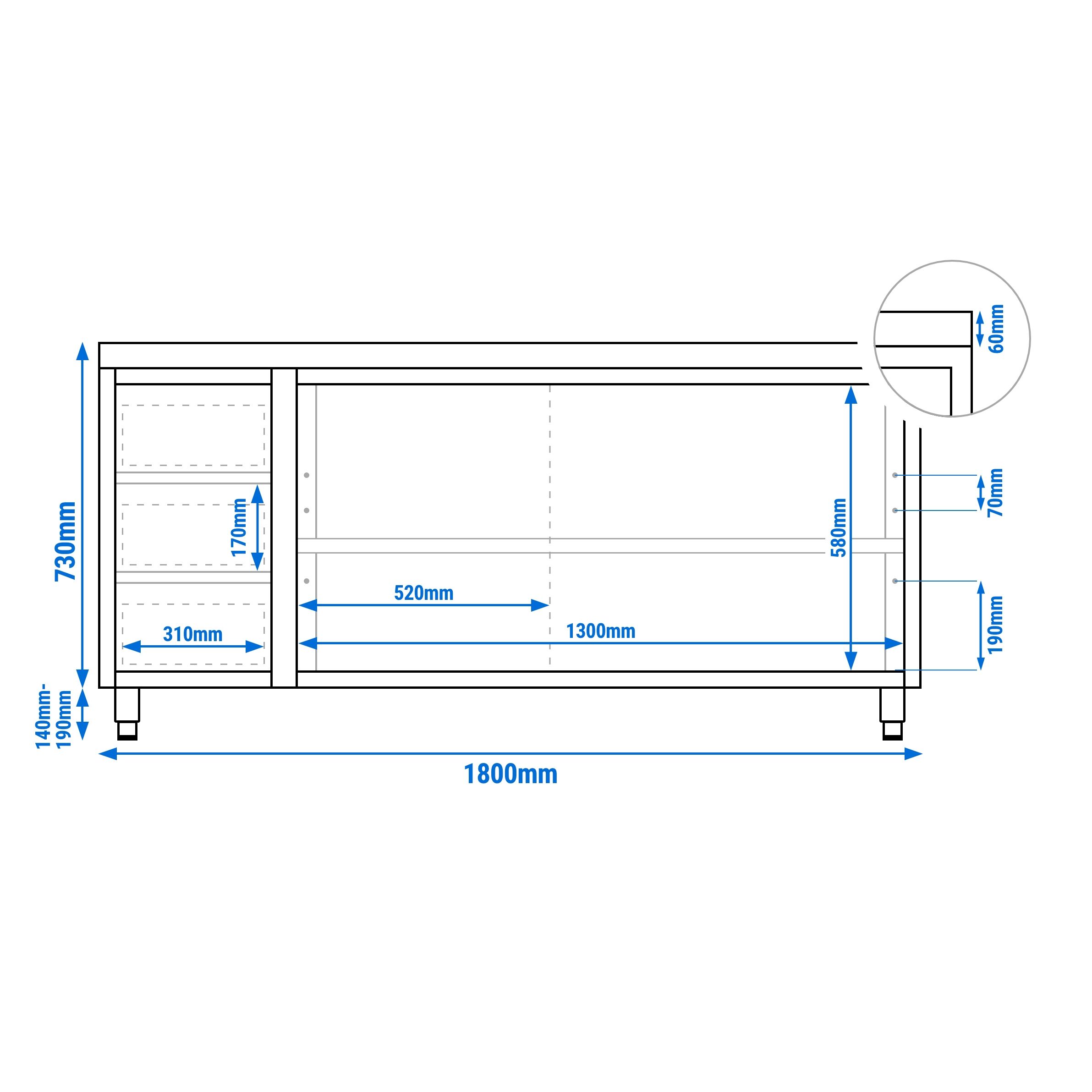 Table armoire en acier inoxydable PREMIUM - 1800x600mm - avec portes coulissantes et 3 tiroirs à gauche