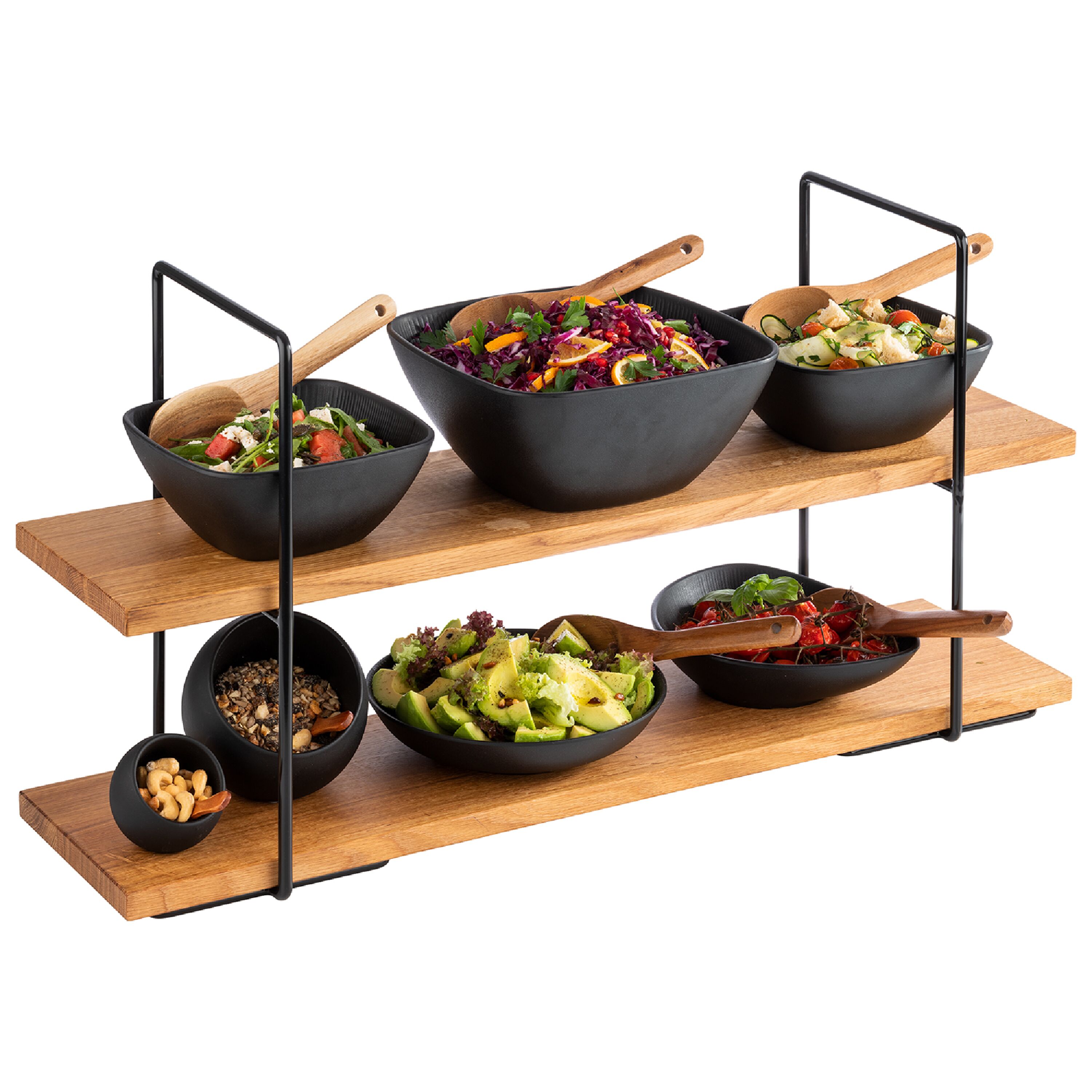 Présentoir buffet - 2 niveaux - PERFECTO LARGE - Rectangulaire - Structure en métal - Plateaux en chêne/bois