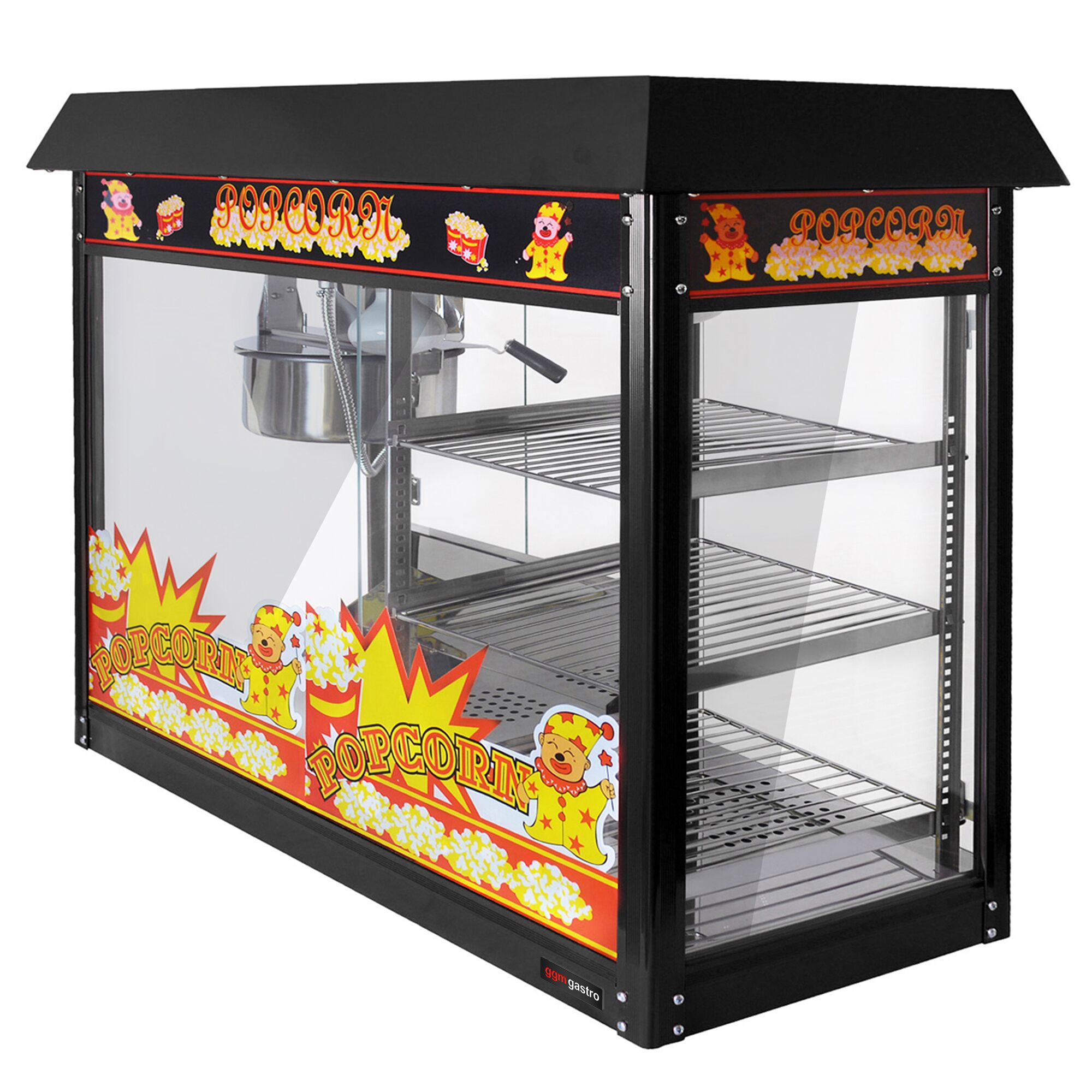 Machine à pop-corn professionnelle - 1,70kW - 5kg/h - avec 1 marmite(s) + 3 étagères chauffantes - Noir