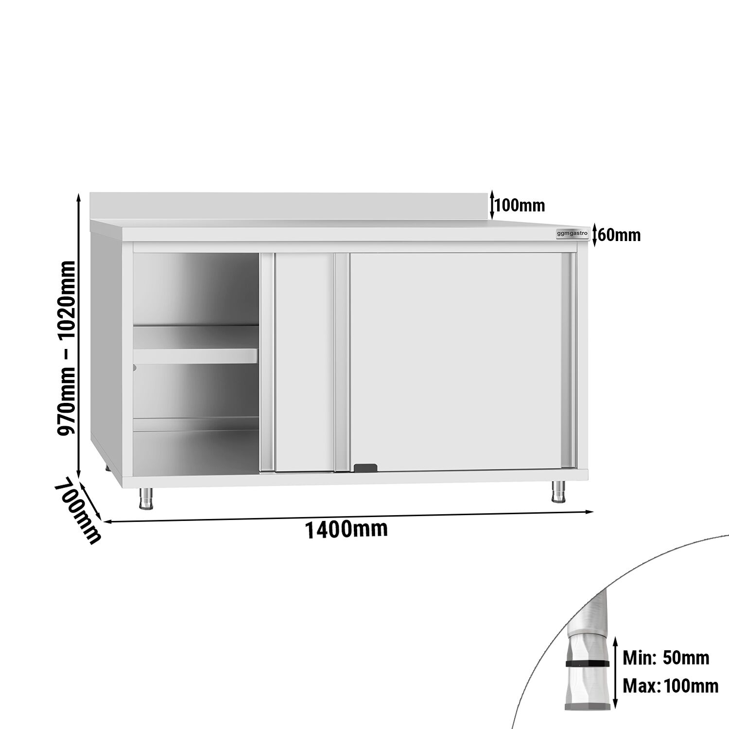 Table armoire en acier inoxydable ECO - 1400x700mm - avec portes coulissantes - avec dosseret