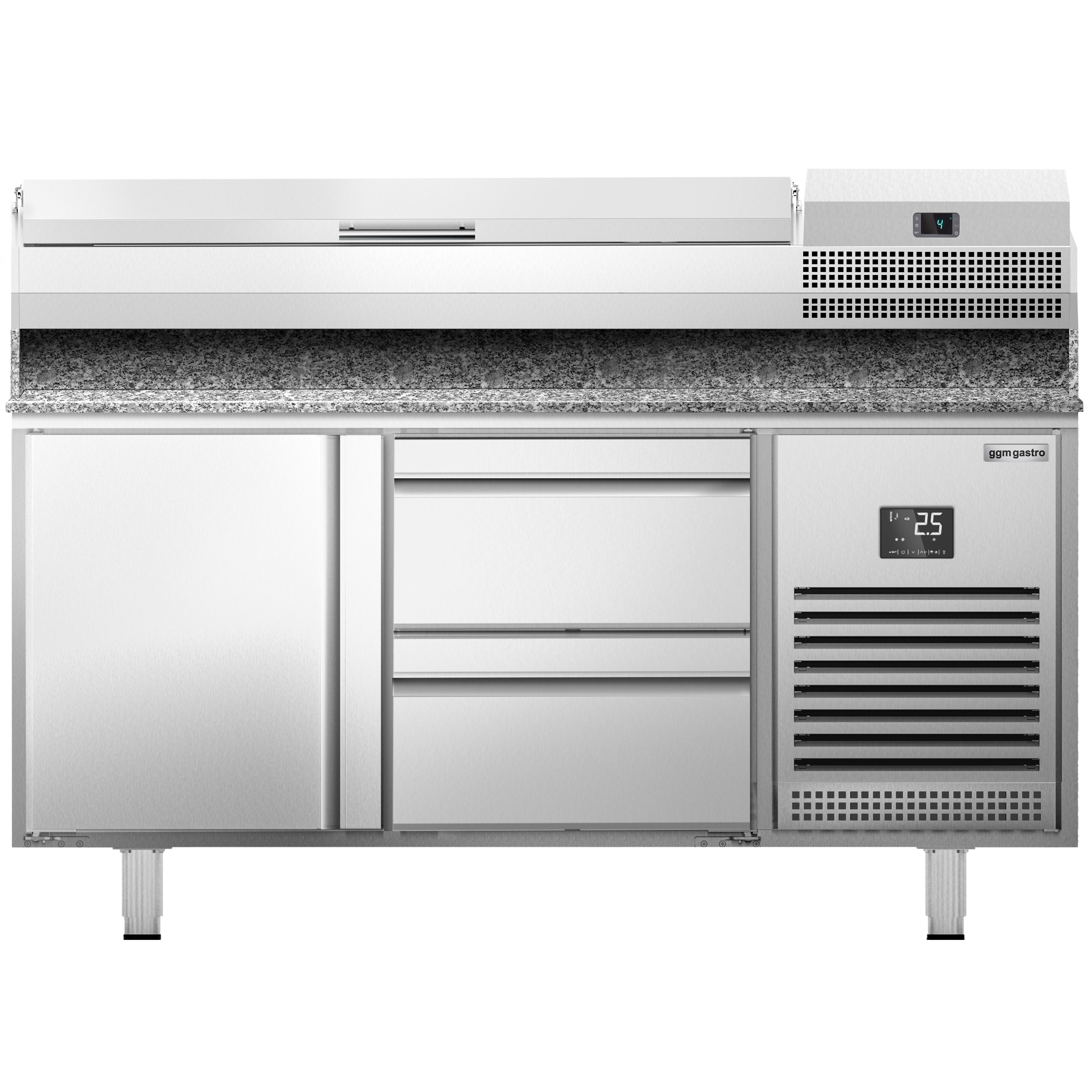 Table réfrigérée à pizza Premium PLUS - 1490x700 mm - avec 1 porte & 2 tiroirs - incl. vitrine réfrigérée - 6x GN 1/4
