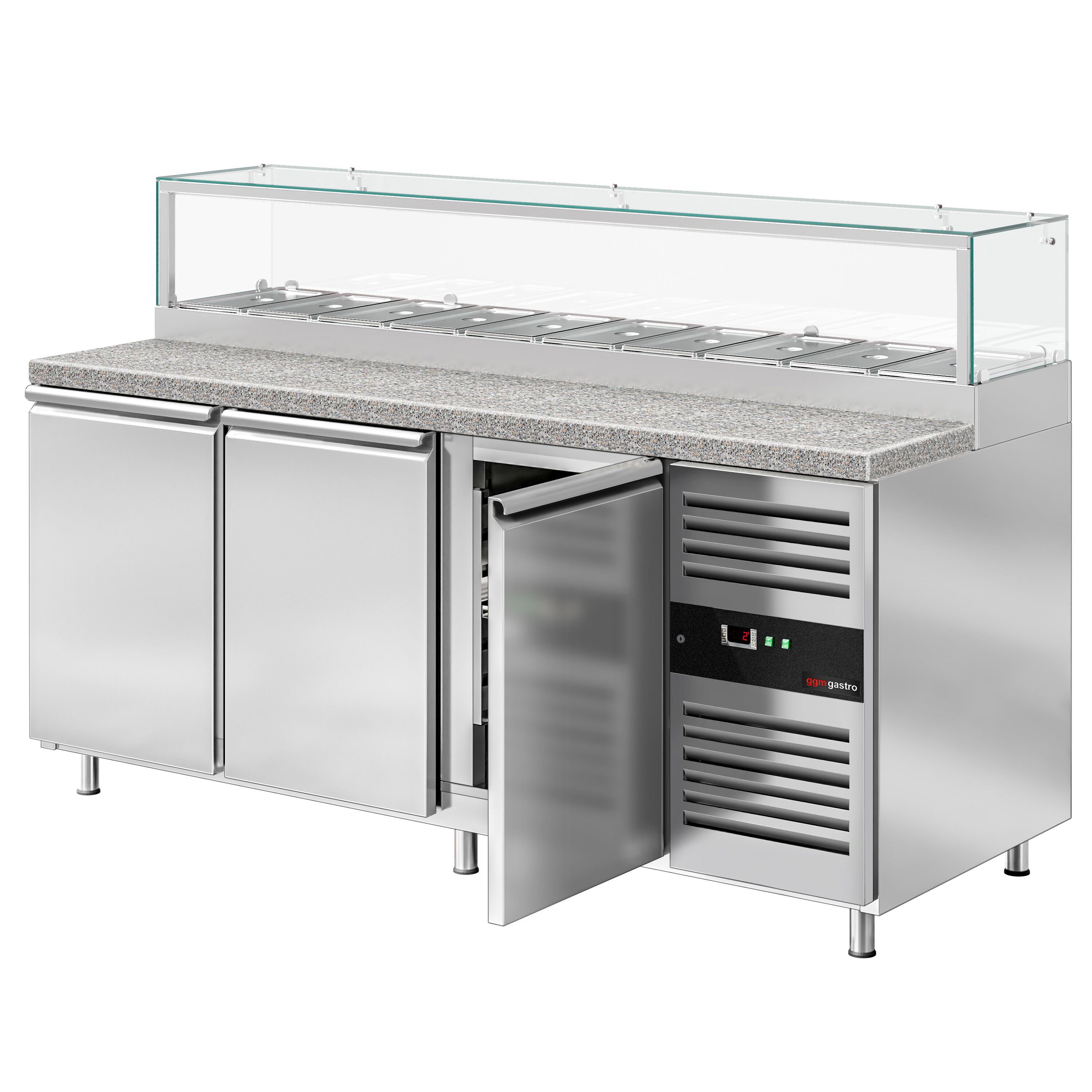 Saladette réfrigérée PREMIUM - 2020mm - 3 portes - avec vitrine de comptoir pour 10x GN 1/3 & 1 étagère - plan de travail en granit noir