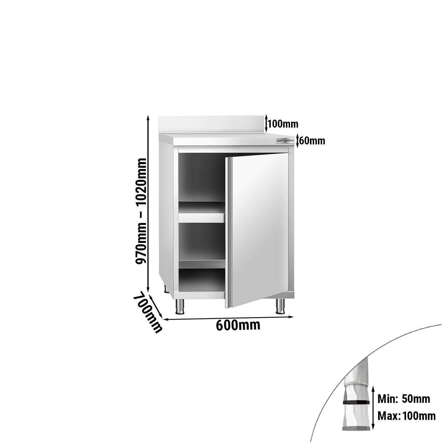 Table armoire en acier inoxydable PREMIUM - 600x700mm - avec portes battantes et étagère basse - avec dosseret