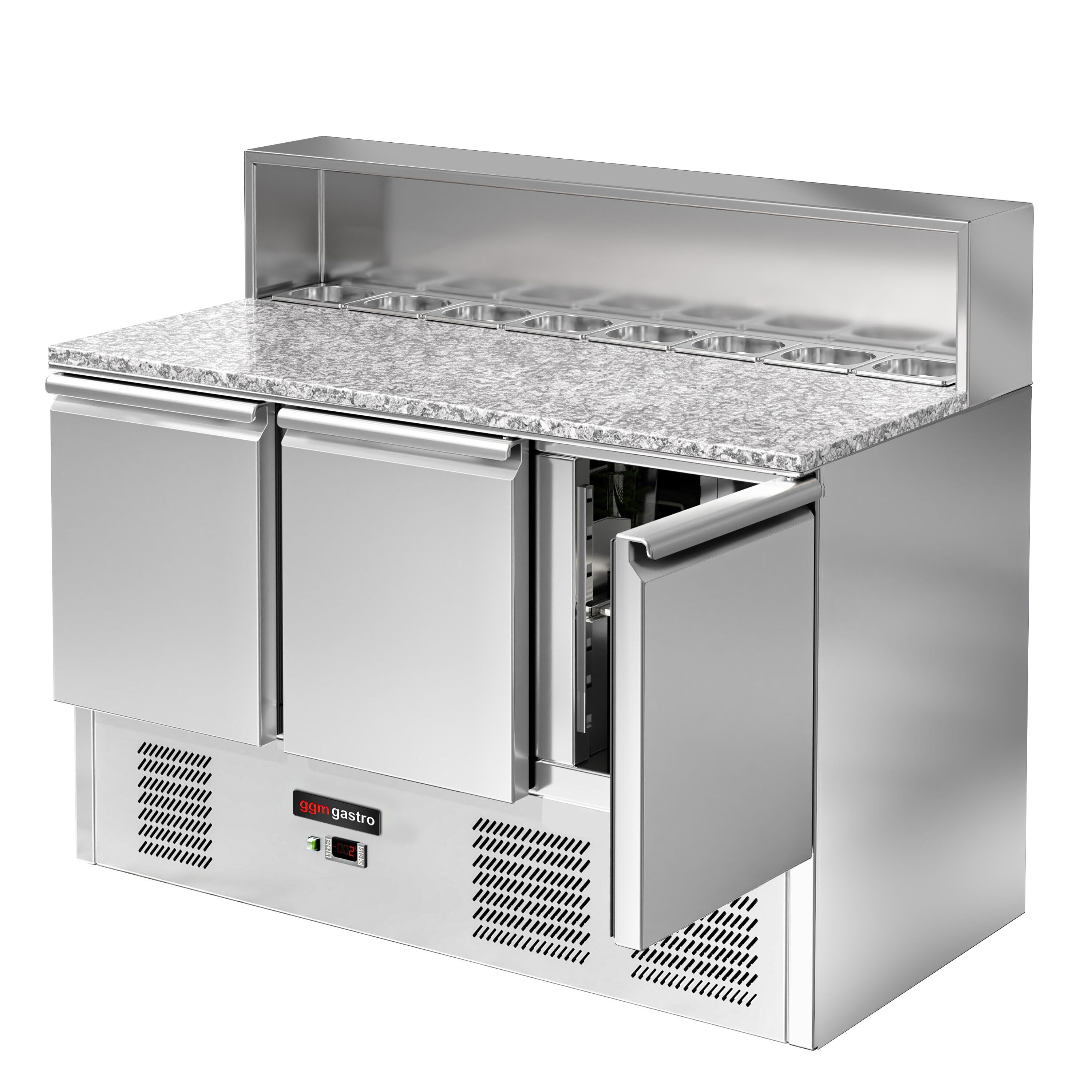 Saladette réfrigérée ECO - 1368mm - 402L - 3 portes - avec découpe pour 8x GN 1/6 & Couvercle inox - plan de travail en granit noir