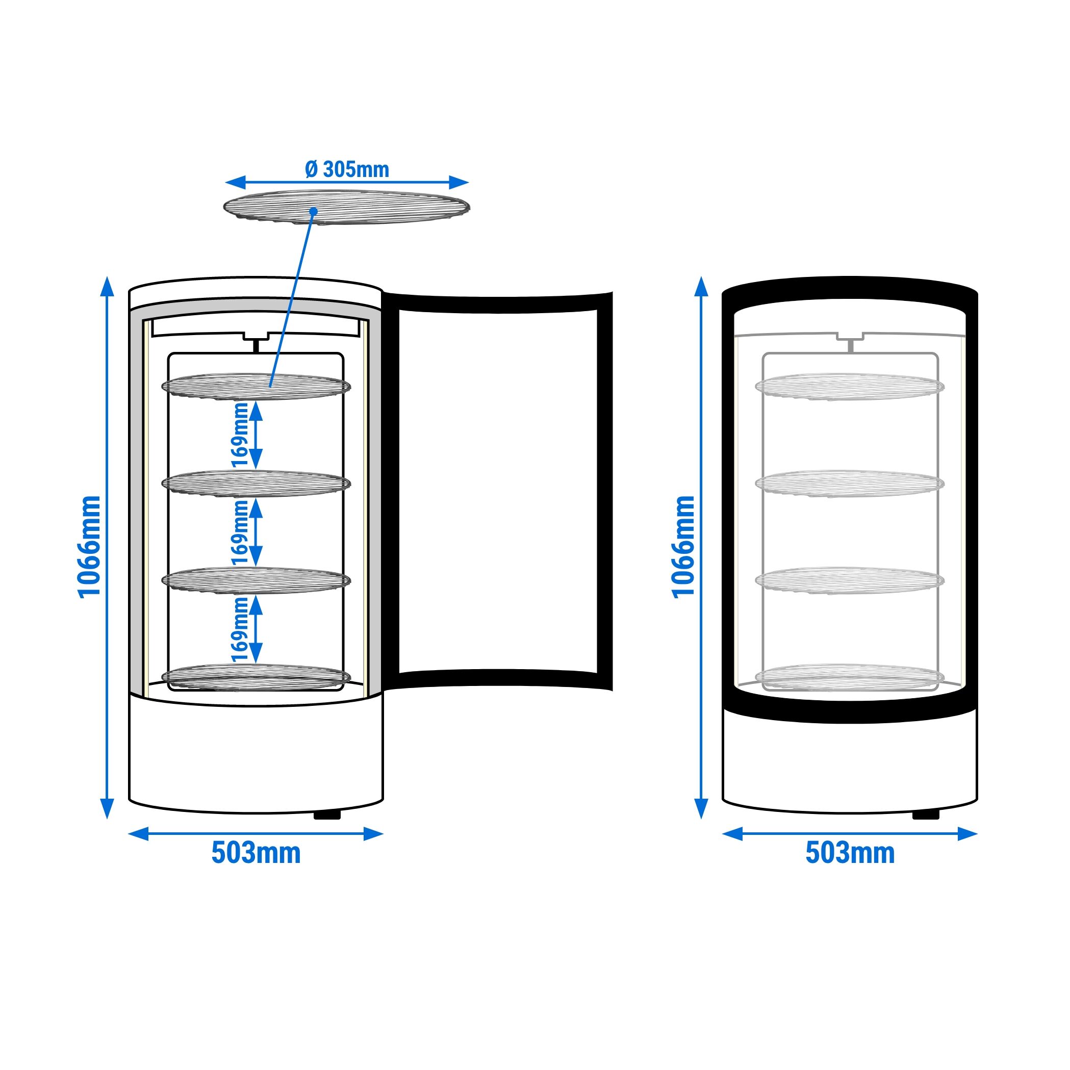 Vitrine réfrigérée 4 faces vitrées / Vitrine panoramique de table – 68 litres – 470 mm – 4 étagères rotatives – Noir