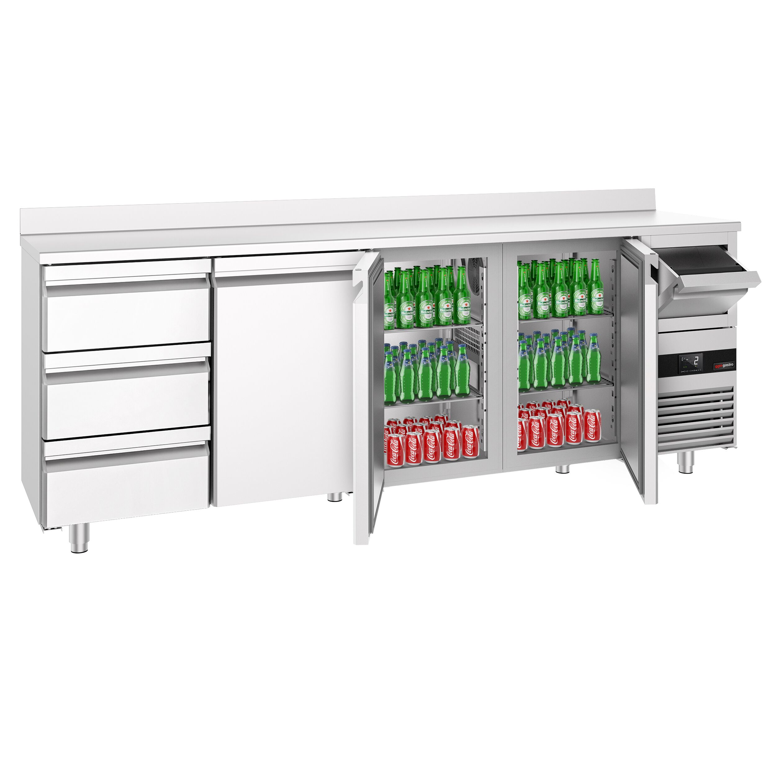 Arrière-bar réfrigéré professionnel PREMIUM - 2690 x 600 mm - avec 3 portes et 3 tiroirs - avec dosseret - avec tiroir à marc de café