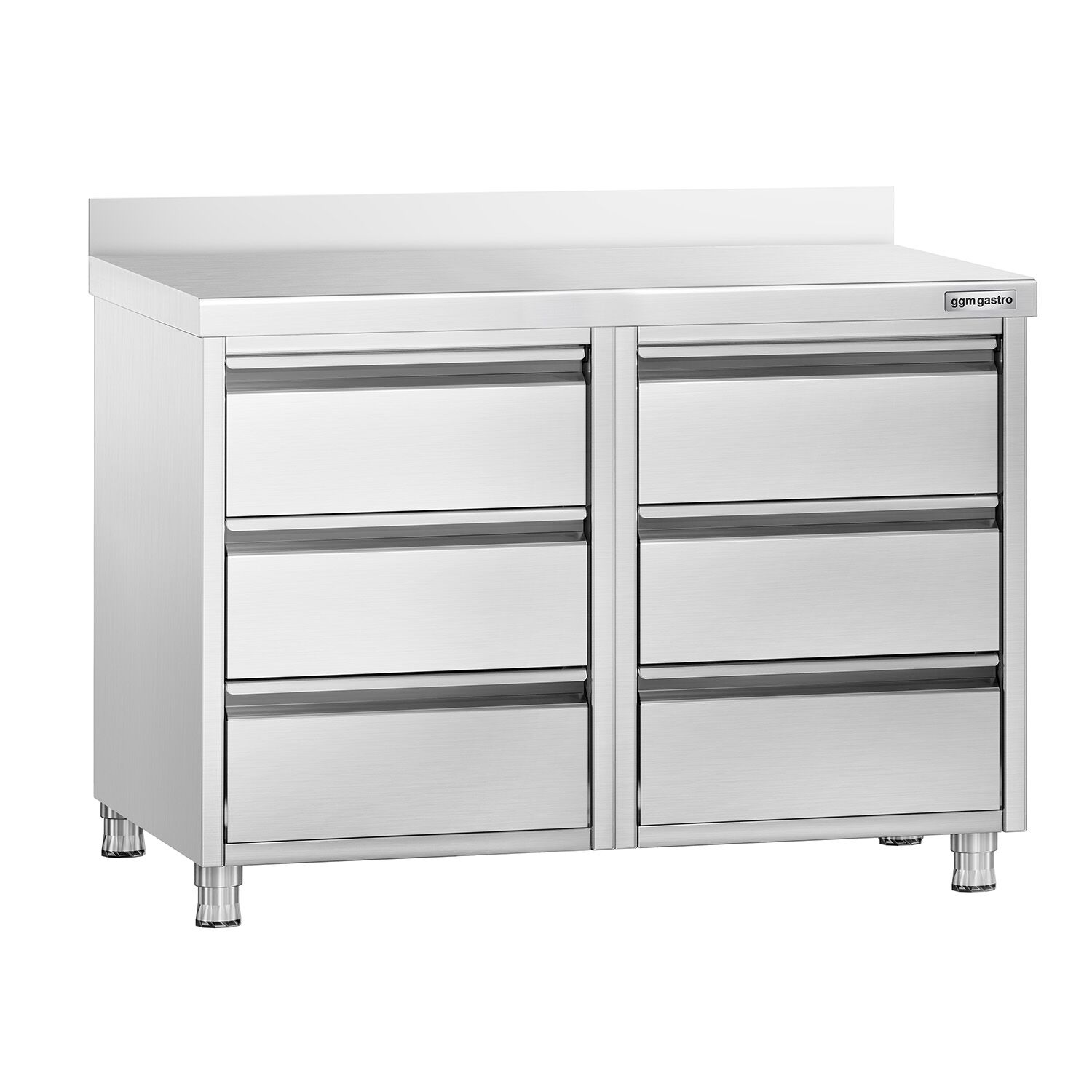 Meuble bas à tiroirs PREMIUM - Acier inoxydable - avec 6 tiroirs & dosseret 100mm - 1000x700mm