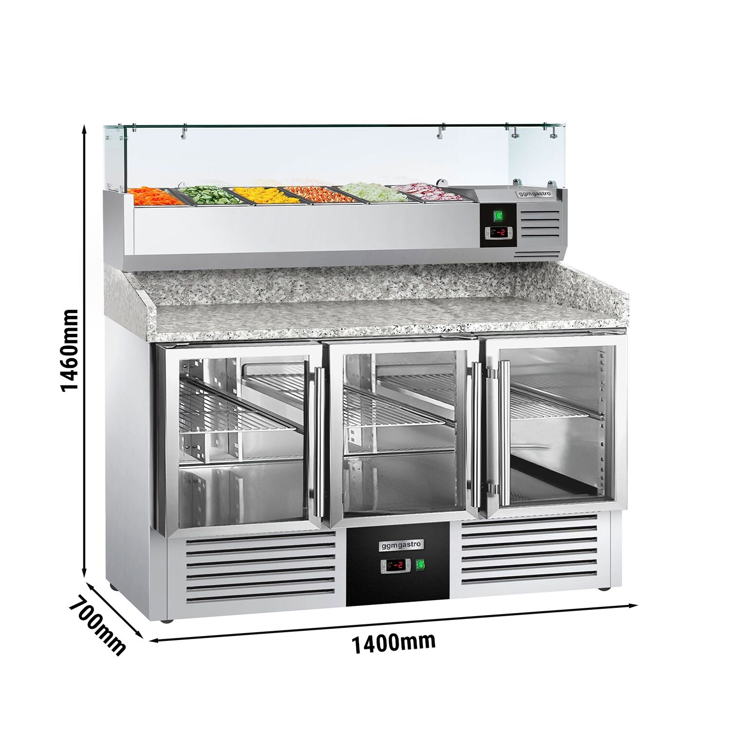 Table réfrigérée à pizza PREMIUM - 1400x700 mm - 3 portes vitrées - incl. vitrine réfrigérée - 6x GN 1/4
