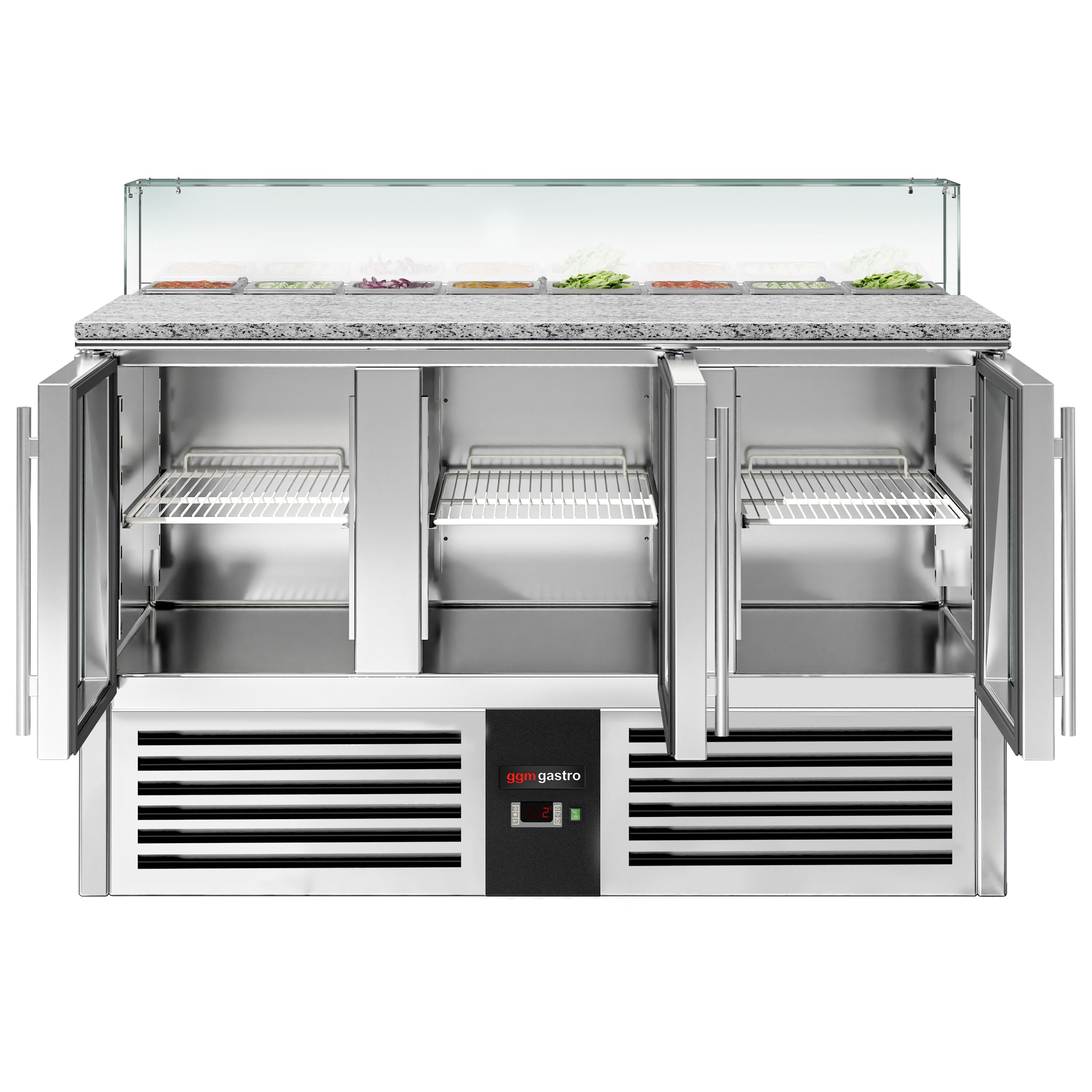 Saladette réfrigérée PREMIUM - 1368mm - 368L - 3 portes vitrées - avec vitrine de comptoir pour 8x GN 1/6