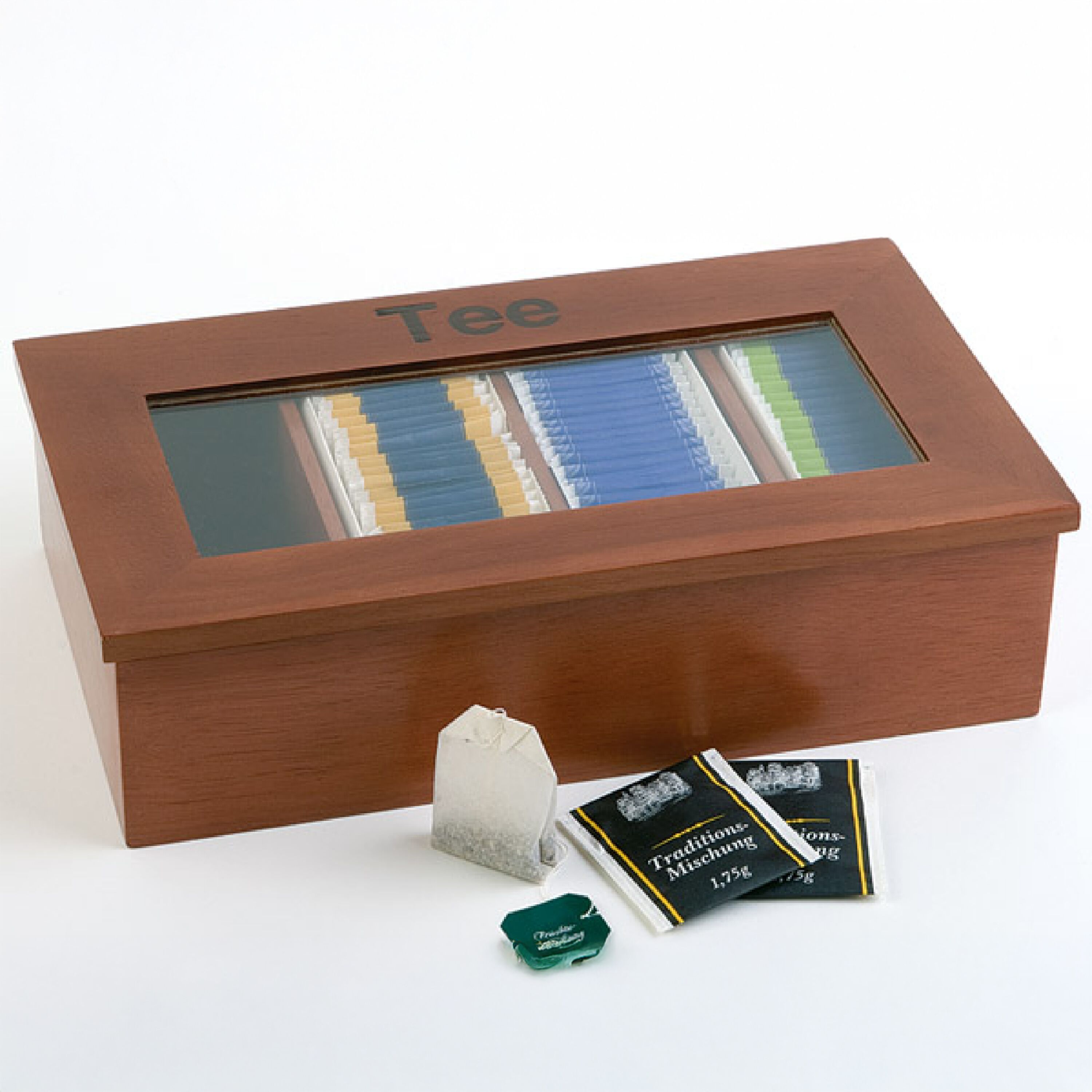 Mini boîte à thé en bois - 4 compartiments - avec fenêtre acrylique - sans gravure - Brun foncé