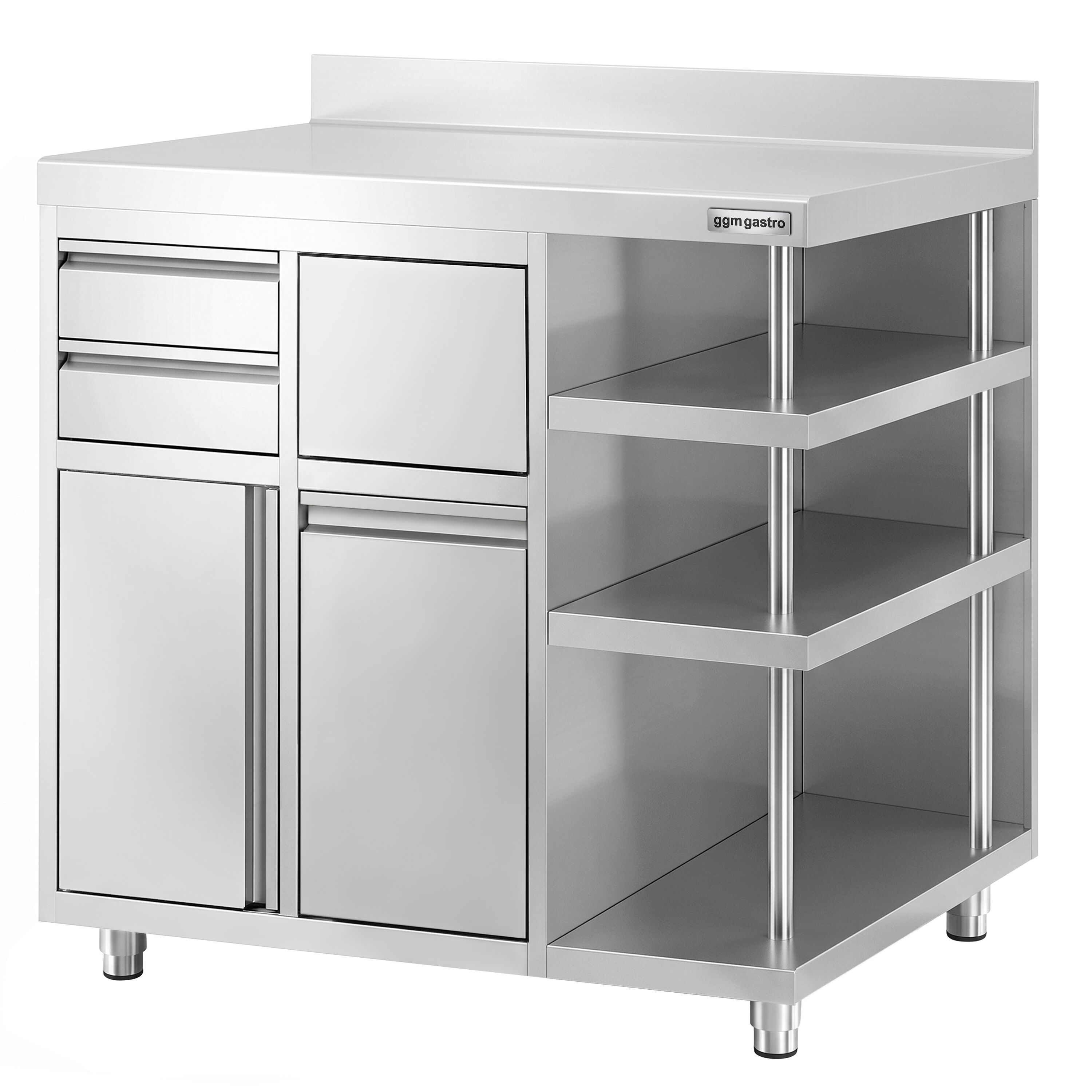Arbetsskåp – för kaffebryggare – 1200 x 600 mm – med 1 svängdörr, 2 lådor, papperskorg, 3 hyllor och upphöjd kant