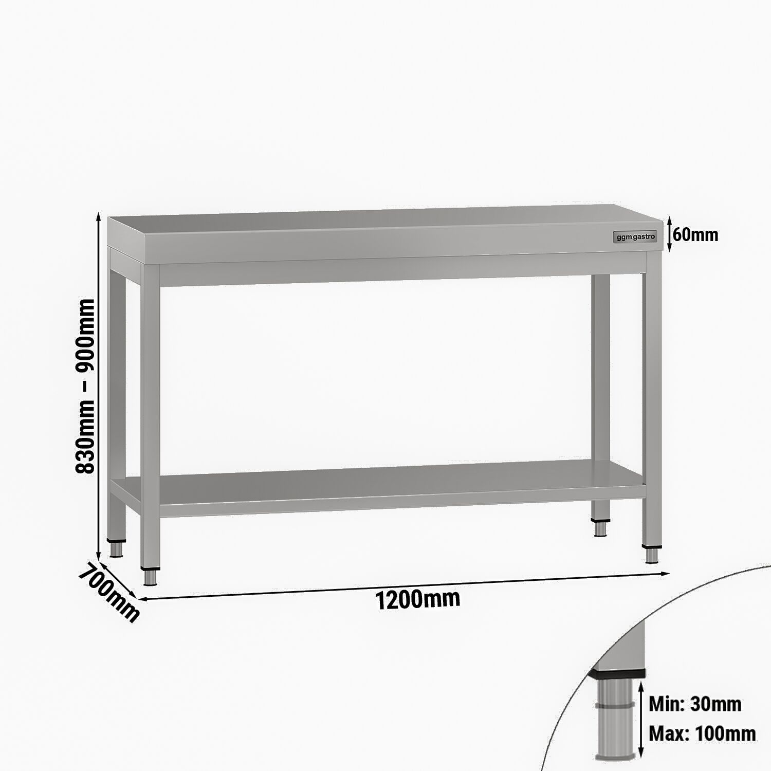 Table de travail en inox ECO – 1200 × 700 mm – avec tablette inférieure