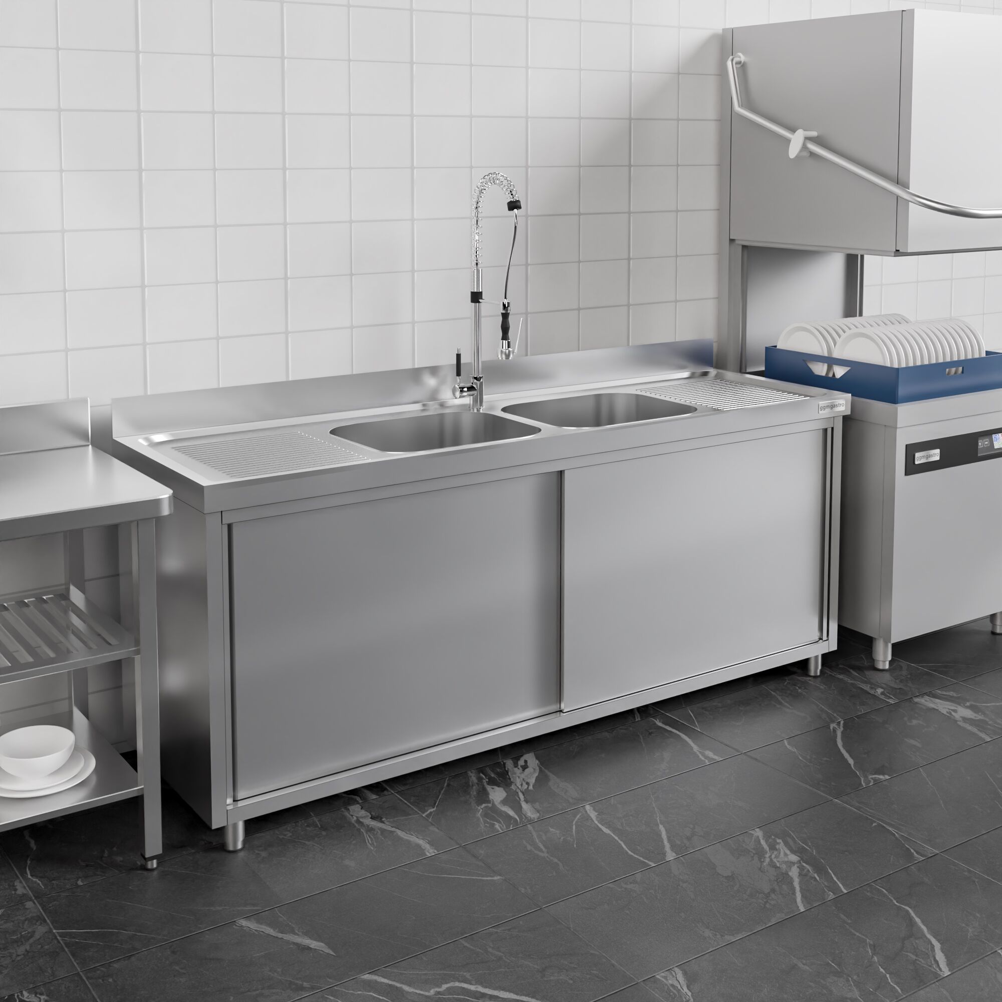 Diskbänk med underskåp ECO - rostfritt stål - 1800x600 mm - med 2 hoar