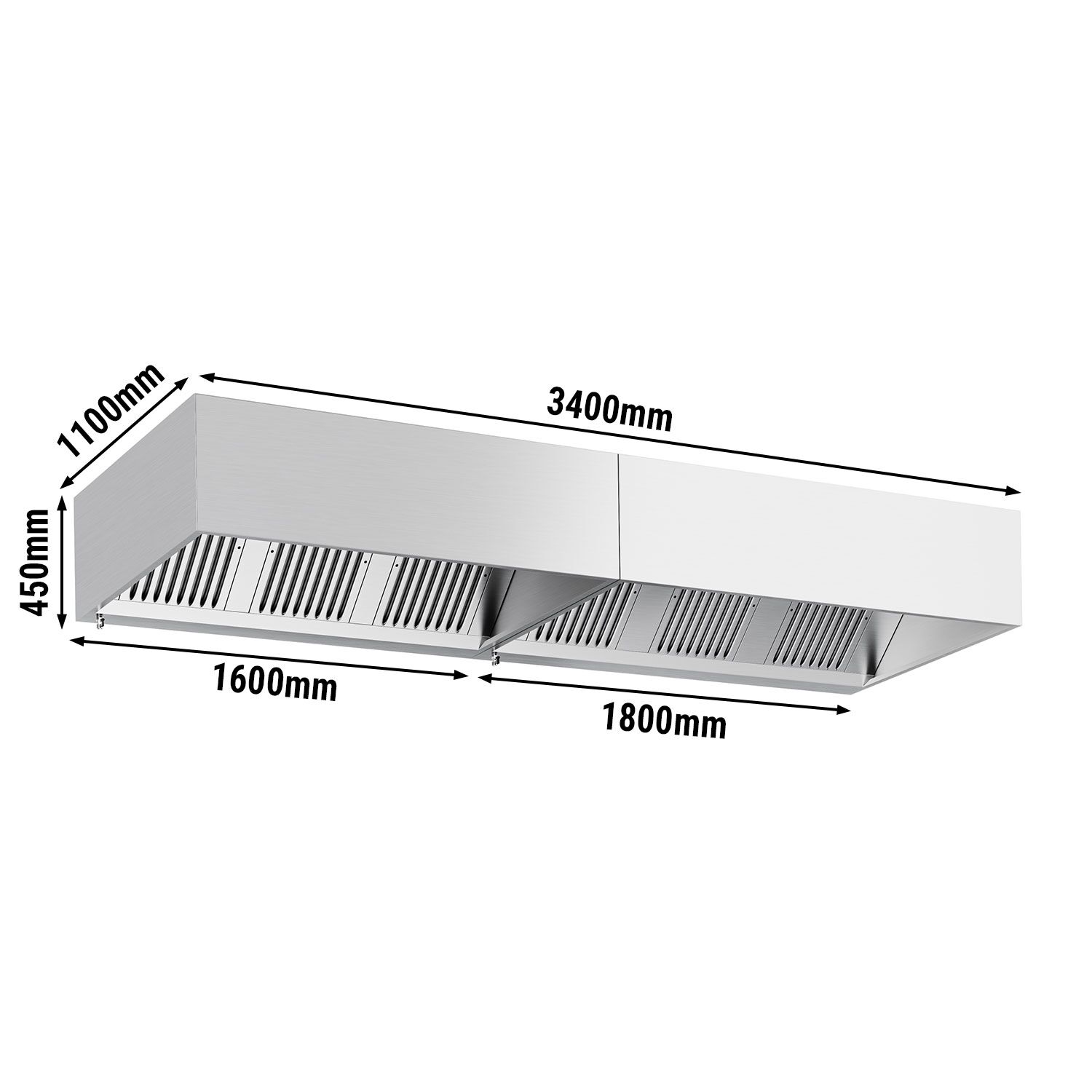 Hotte à adosser professionnelle - Profondeur 1100 - 3400mm - sans moteur - avec filtres et éclairage