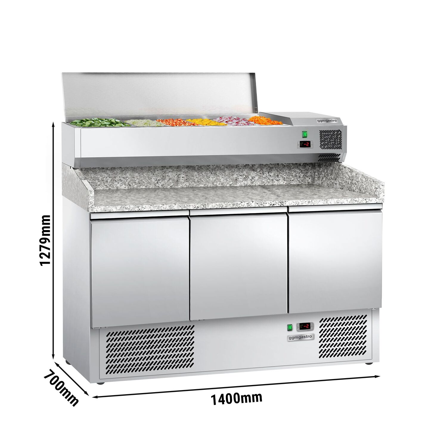 Table réfrigérée pour pizza ECO - 1400 x 700 mm - avec 3 portes - incl. vitrine réfrigérée - 6 x GN 1/4