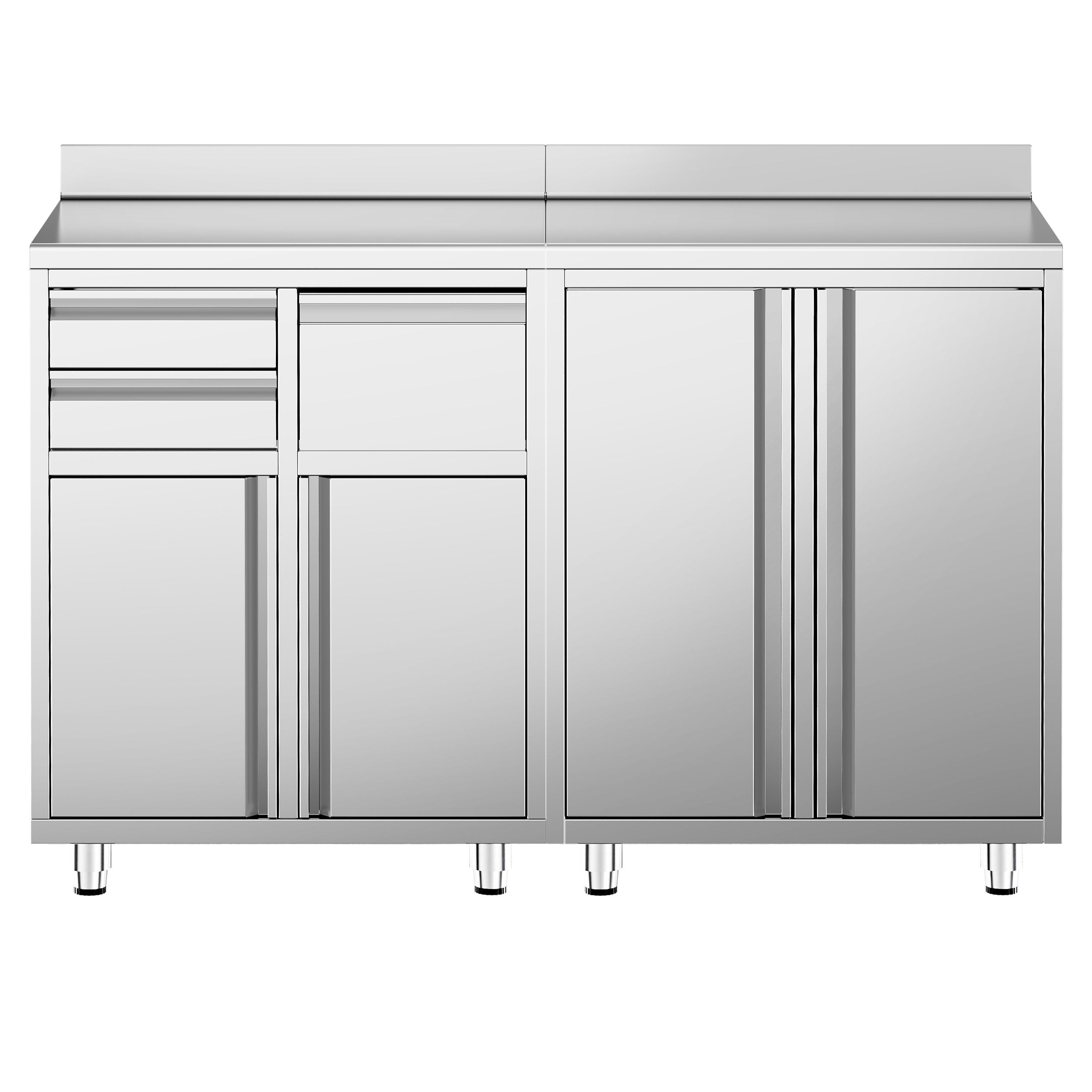 Table armoire en acier inoxydable - 1600x600mm - avec portes battantes et 2 tiroirs - avec dosseret - pour machine à café (cafetière à filtre)