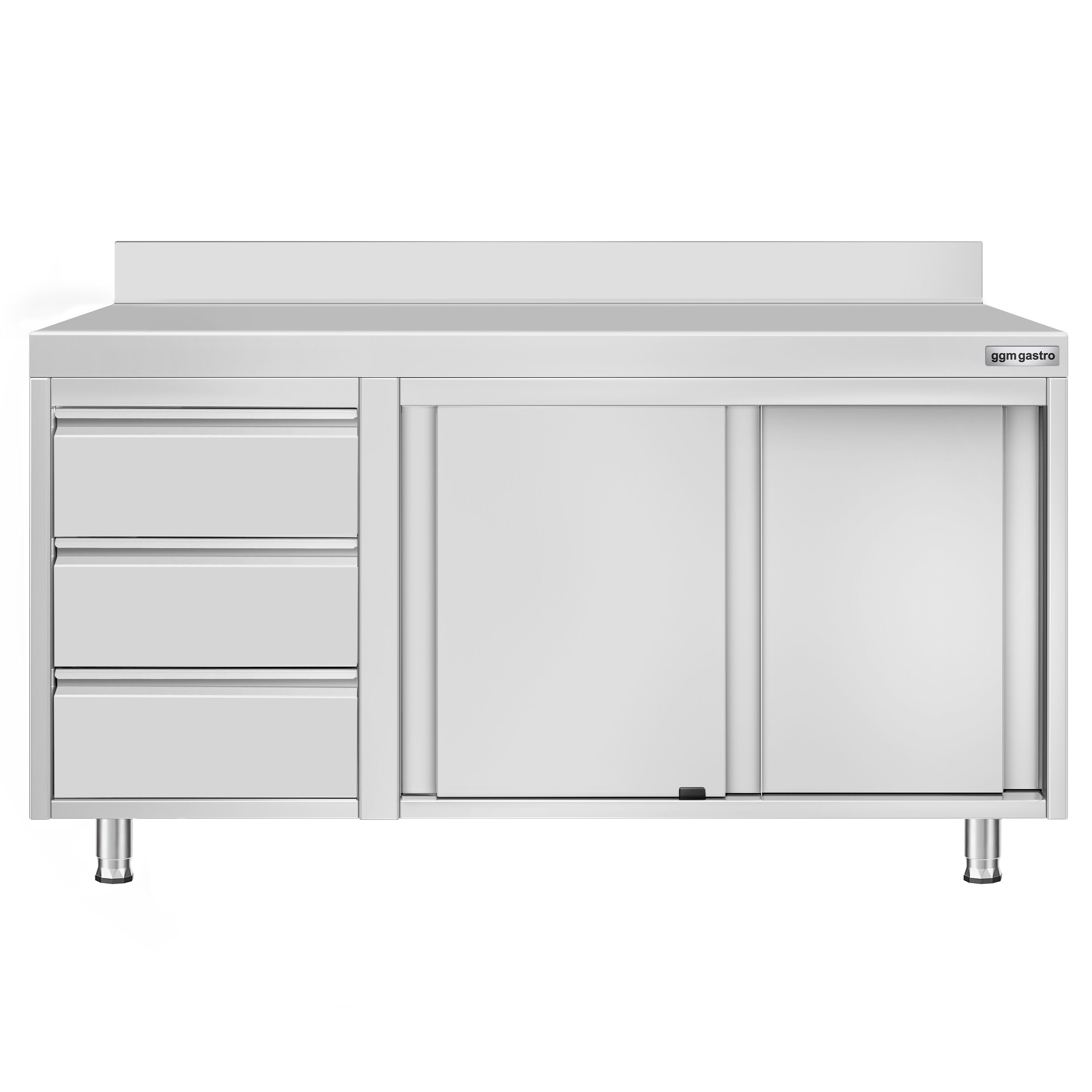 Table armoire en acier inoxydable ECO - 1400x700mm - avec portes coulissantes et étagère basse et 3 tiroirs à gauche - avec dosseret