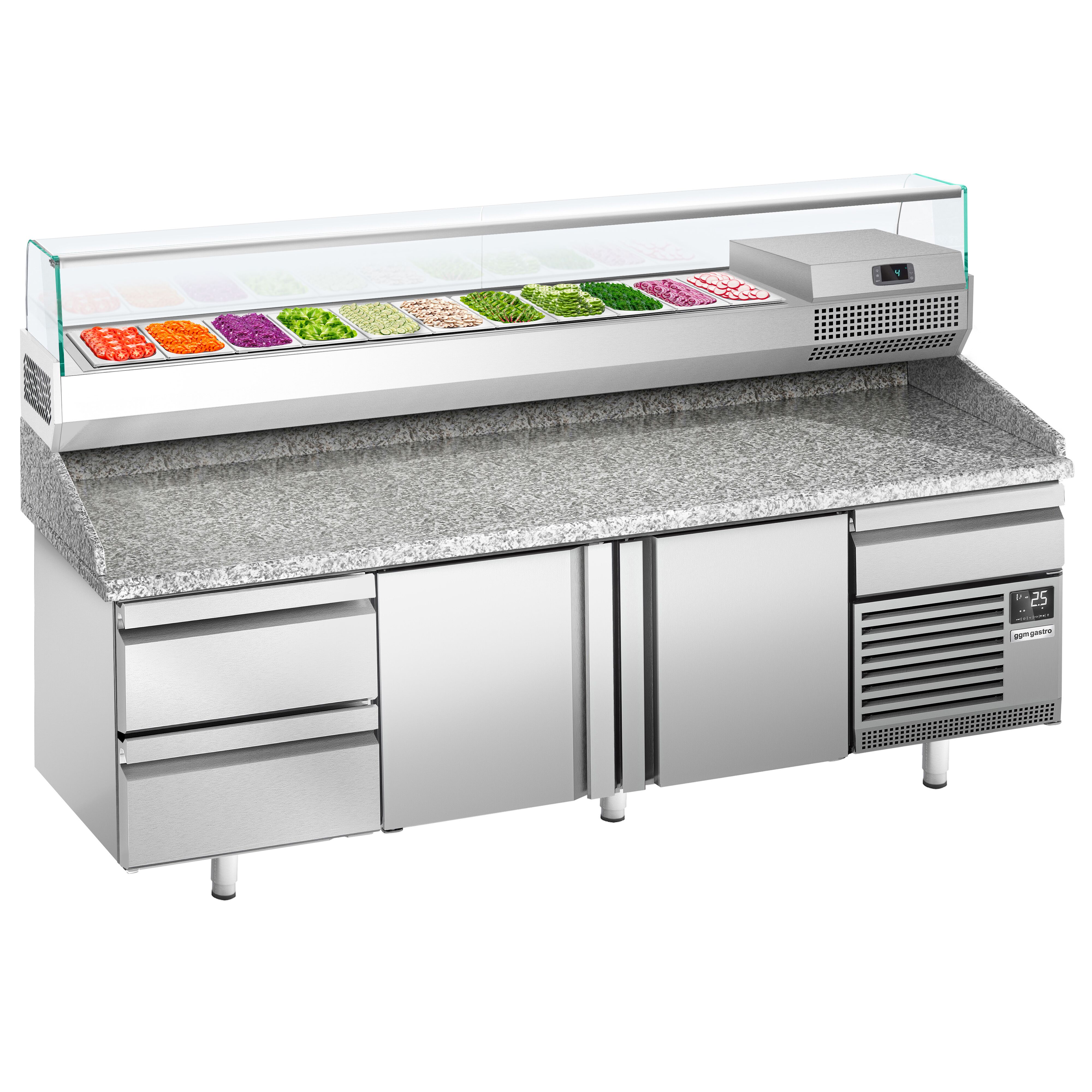 Table réfrigérée à pizza Premium PLUS - 2305x800 mm - avec 2 portes & 3 tiroirs - incl. vitrine réfrigérée pour ingrédients - 11x GN 1/4