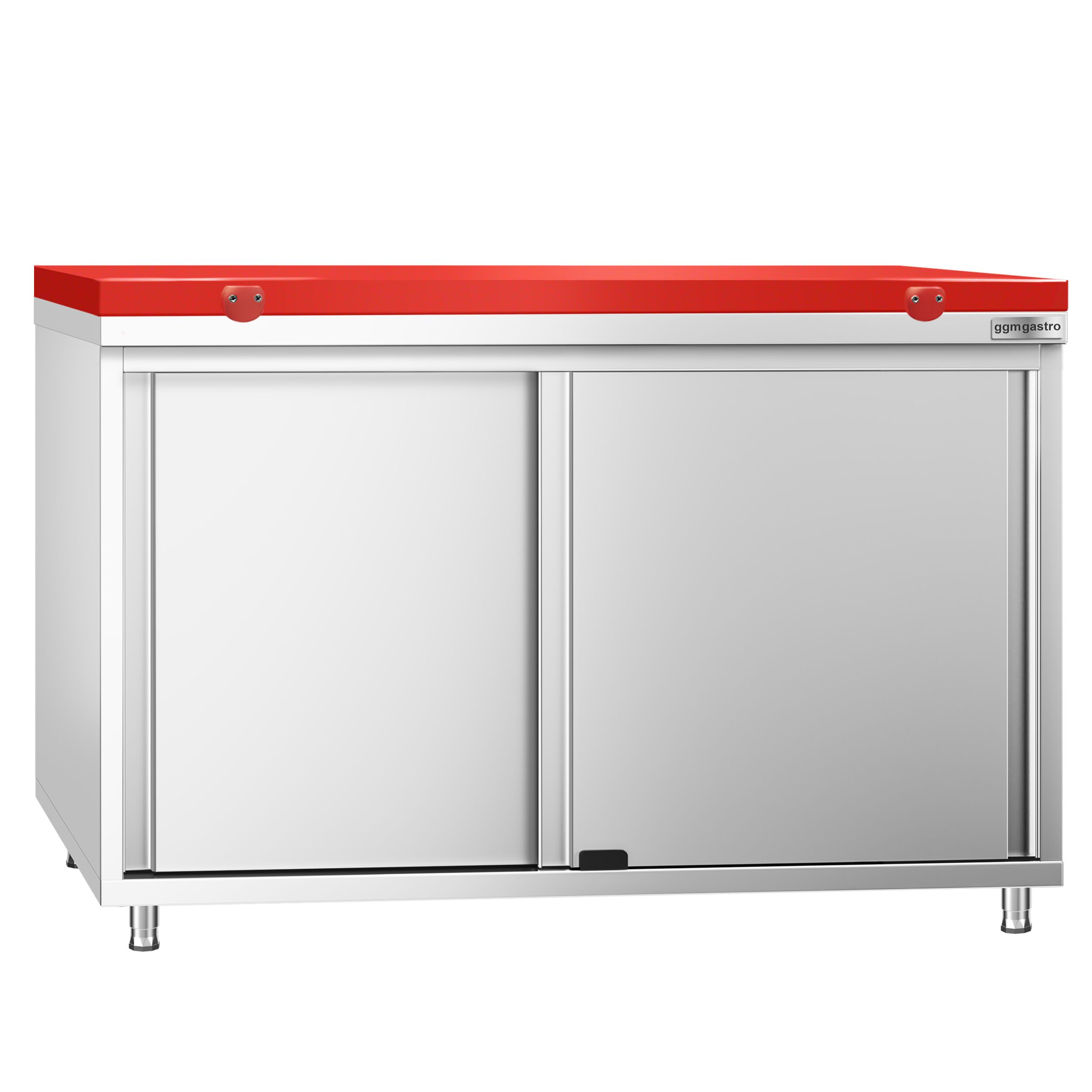 Table armoire en acier inoxydable PREMIUM - 1200x600mm - avec portes coulissantes - pour viandes crues - incl. plateau de découpe Rouge PEHD (HACCP)
