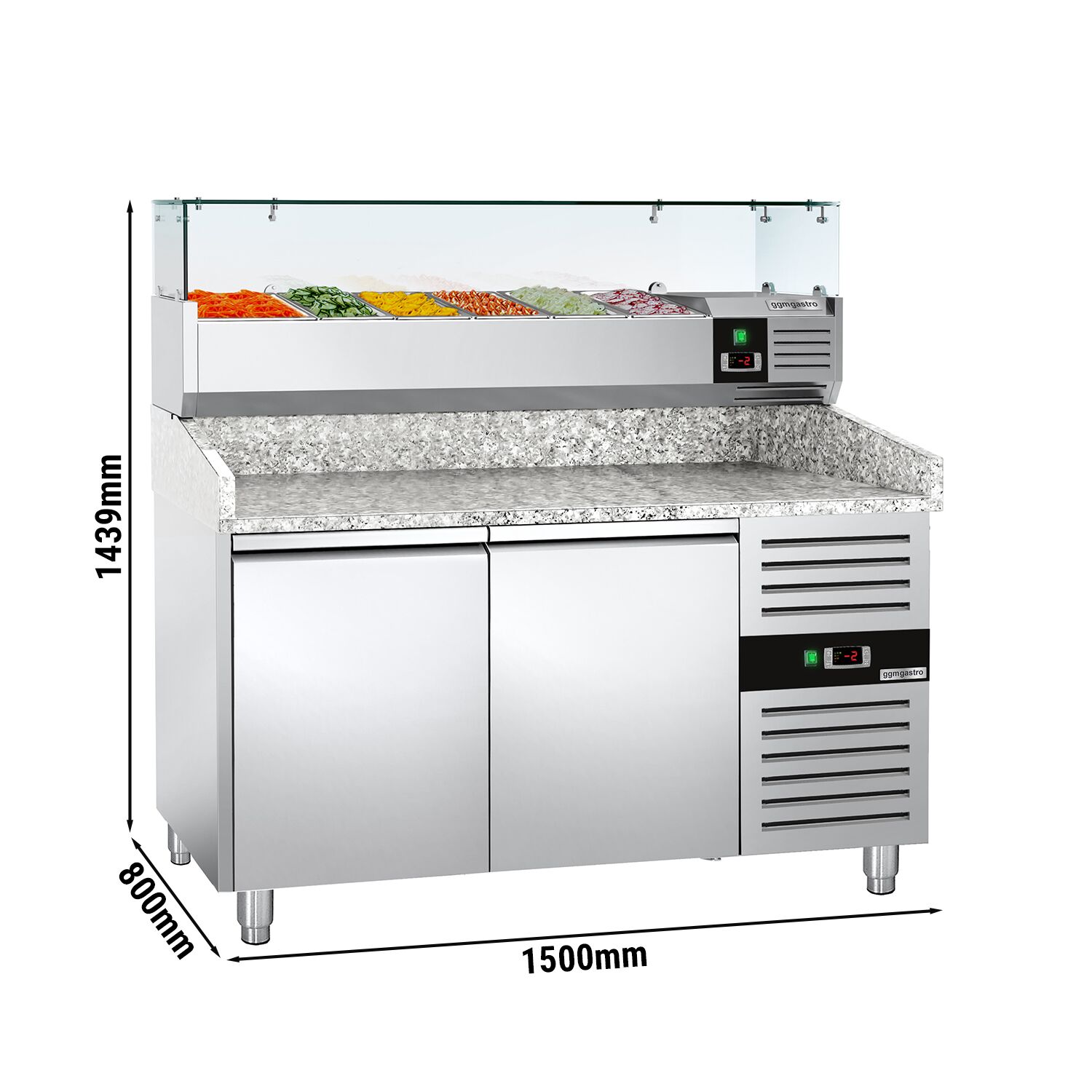 Pizzakylbänk ECO - 1500x800 mm - granitskiva - med 2 dörrar - inkl. kylränna med glastopp - 6x GN 1/3