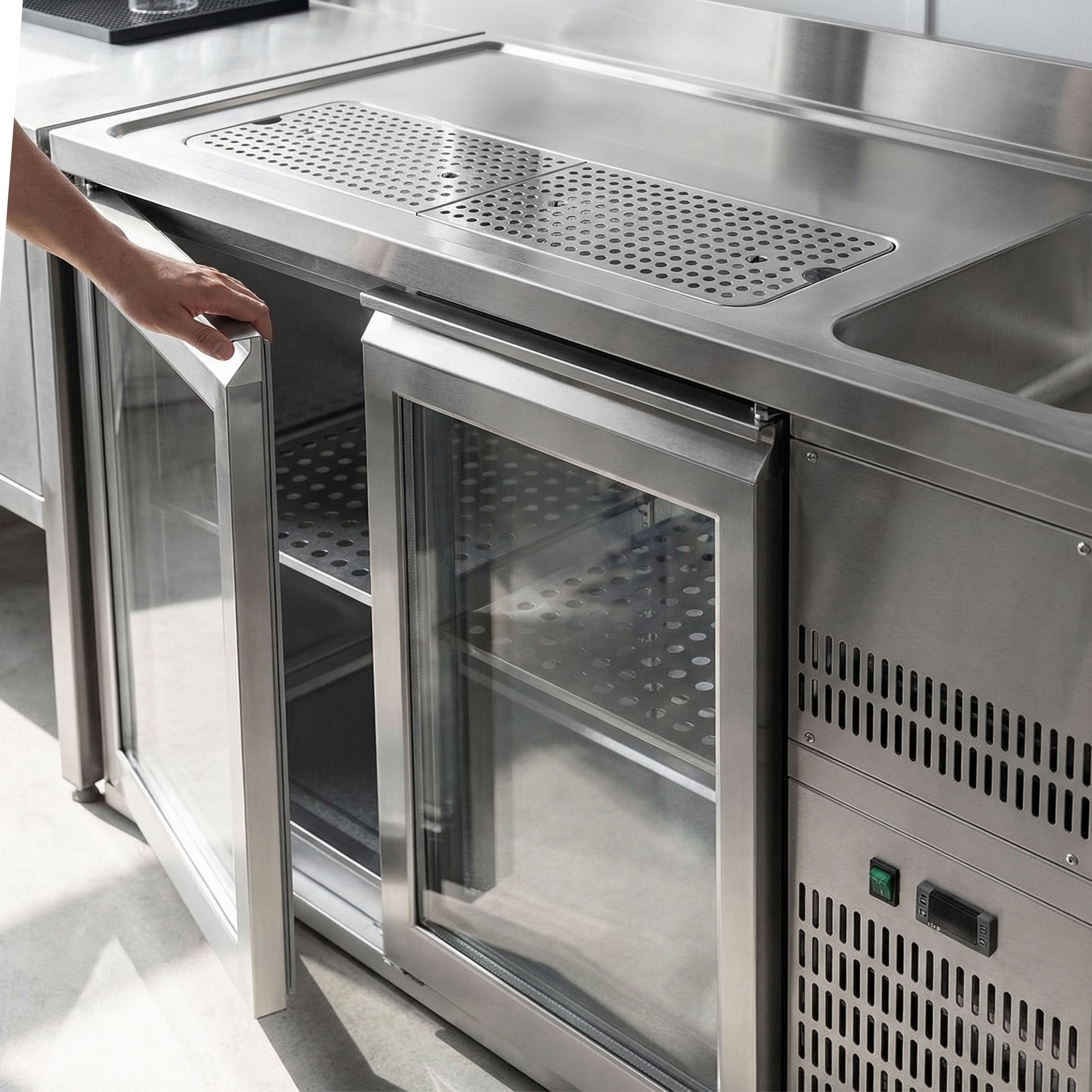 Comptoir de bar réfrigéré Premium PLUS – 1550 × 700 mm – 2 portes vitrées