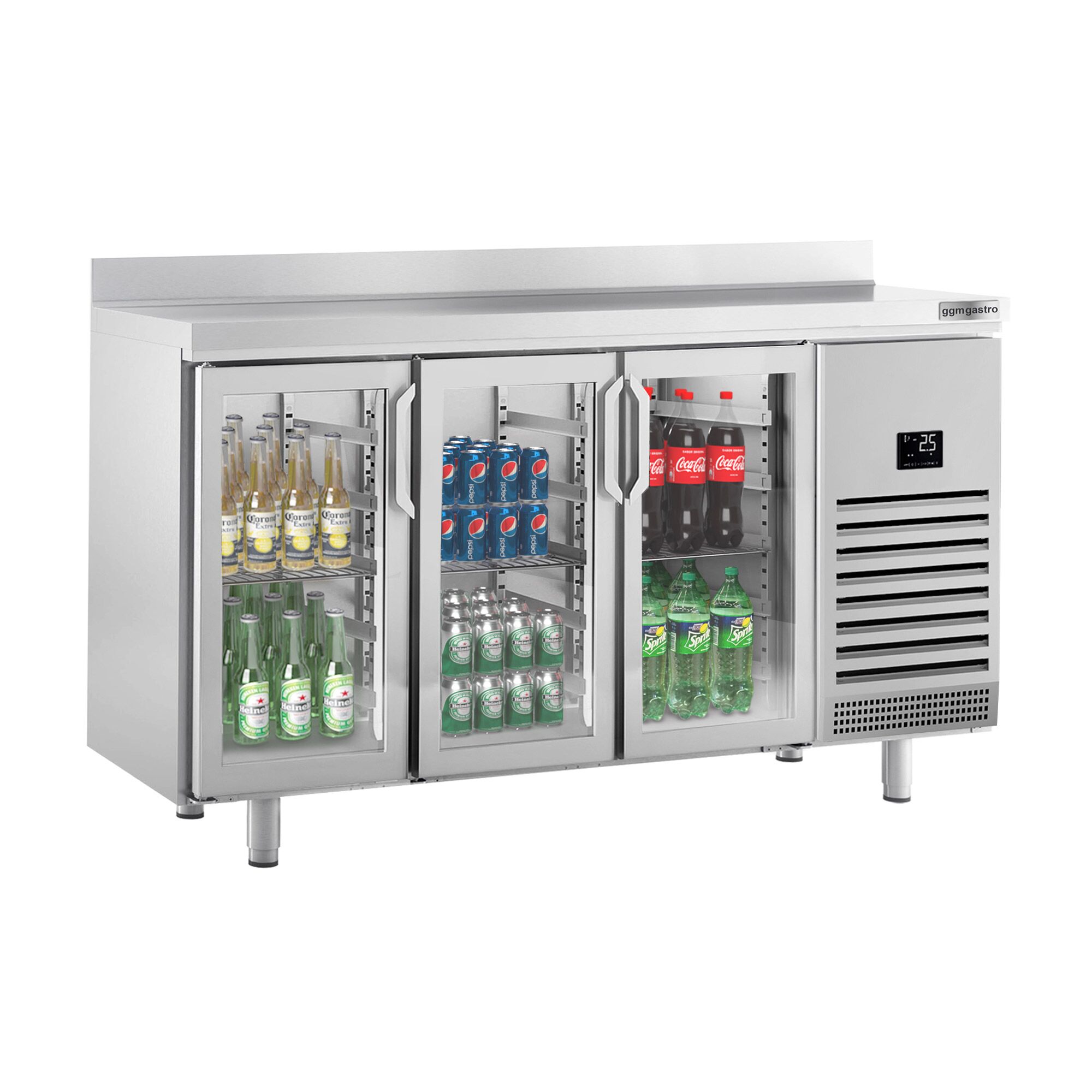 Commercial Back Bar Bottle Cooler PREMIUM PLUS - 1960x700mm - 465L - with 3 Hinged Glass Doors, upstand & locks