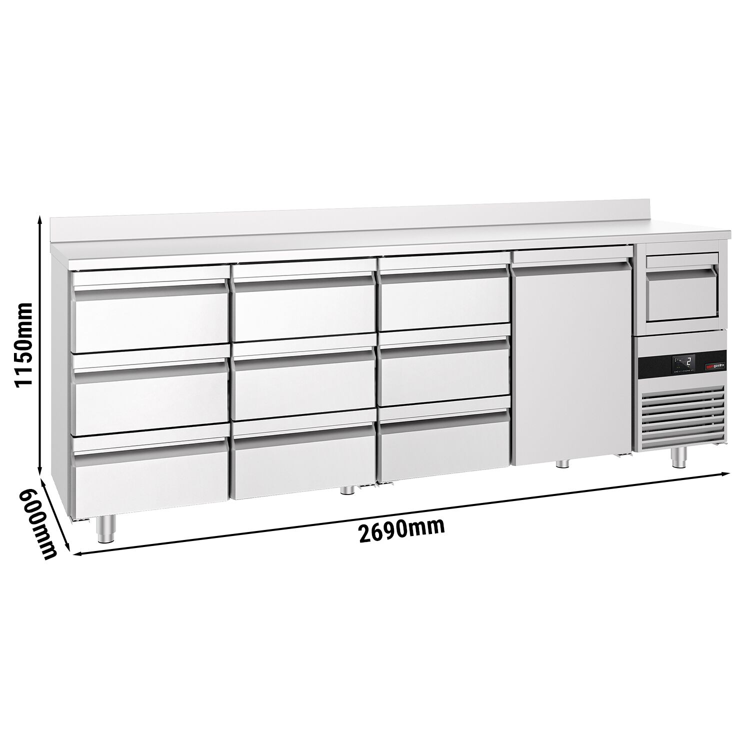 Barkoelkast PREMIUM - 2690x600mm - met 1 deur & 9 laden - 775l