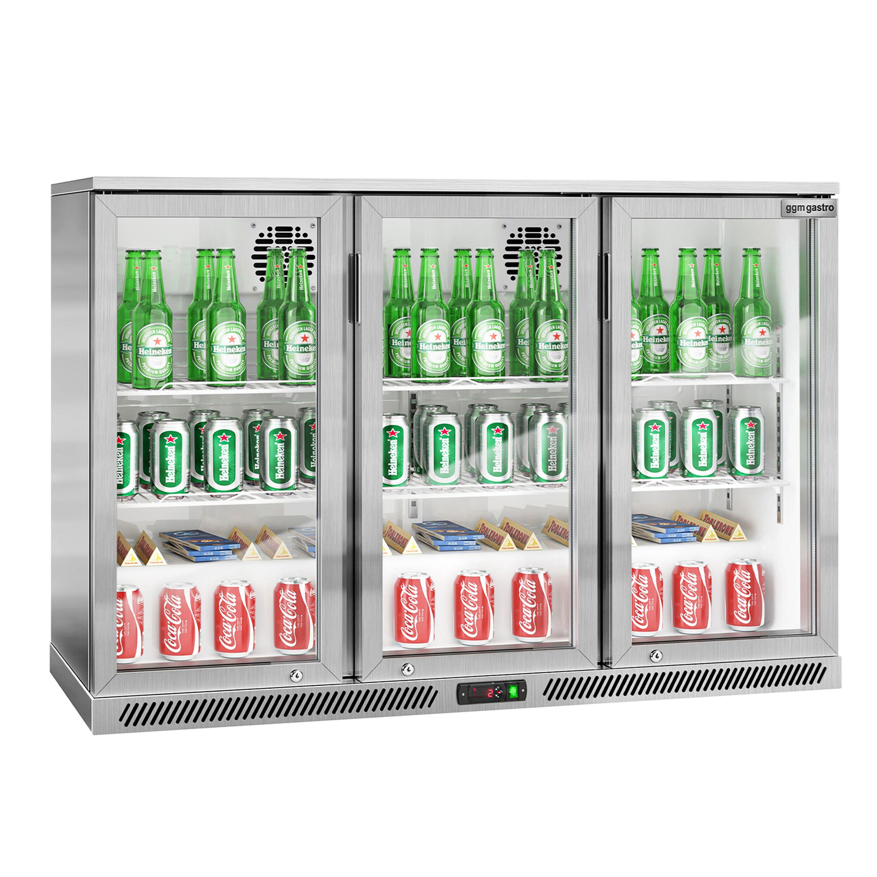 Réfrigérateur de bar – 1350 mm – 320 litres – avec 3 portes vitrées battantes – en inox