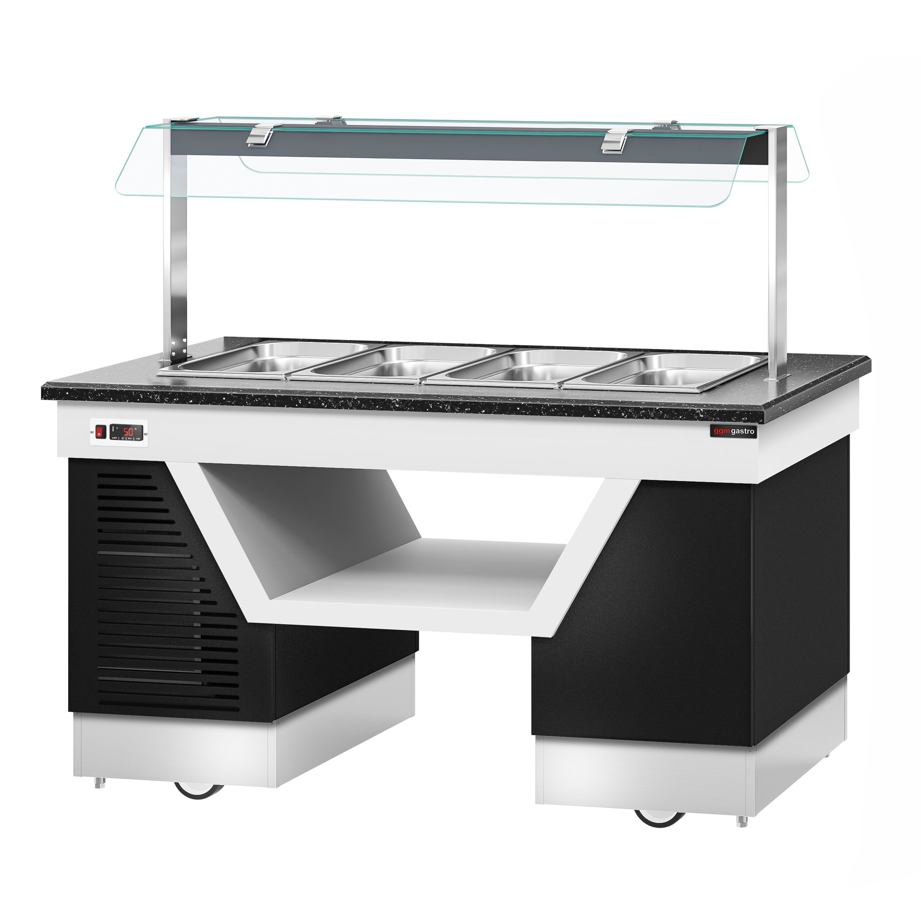 Heated Bain Marie Counter BELFAST - 1600mm - with Bain Marie Well + Flat Glass Sneeze Guard - on Castors - for 4x GN 1/1 - Black