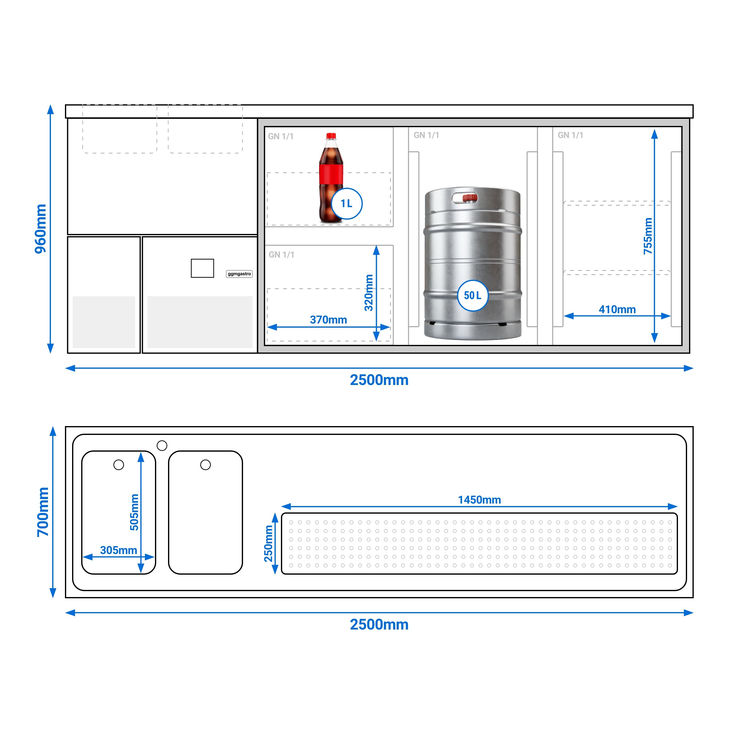 Comptoir de bar réfrigéré PREMIUM - 2500x700mm - 2 portes avec 2 tiroirs         