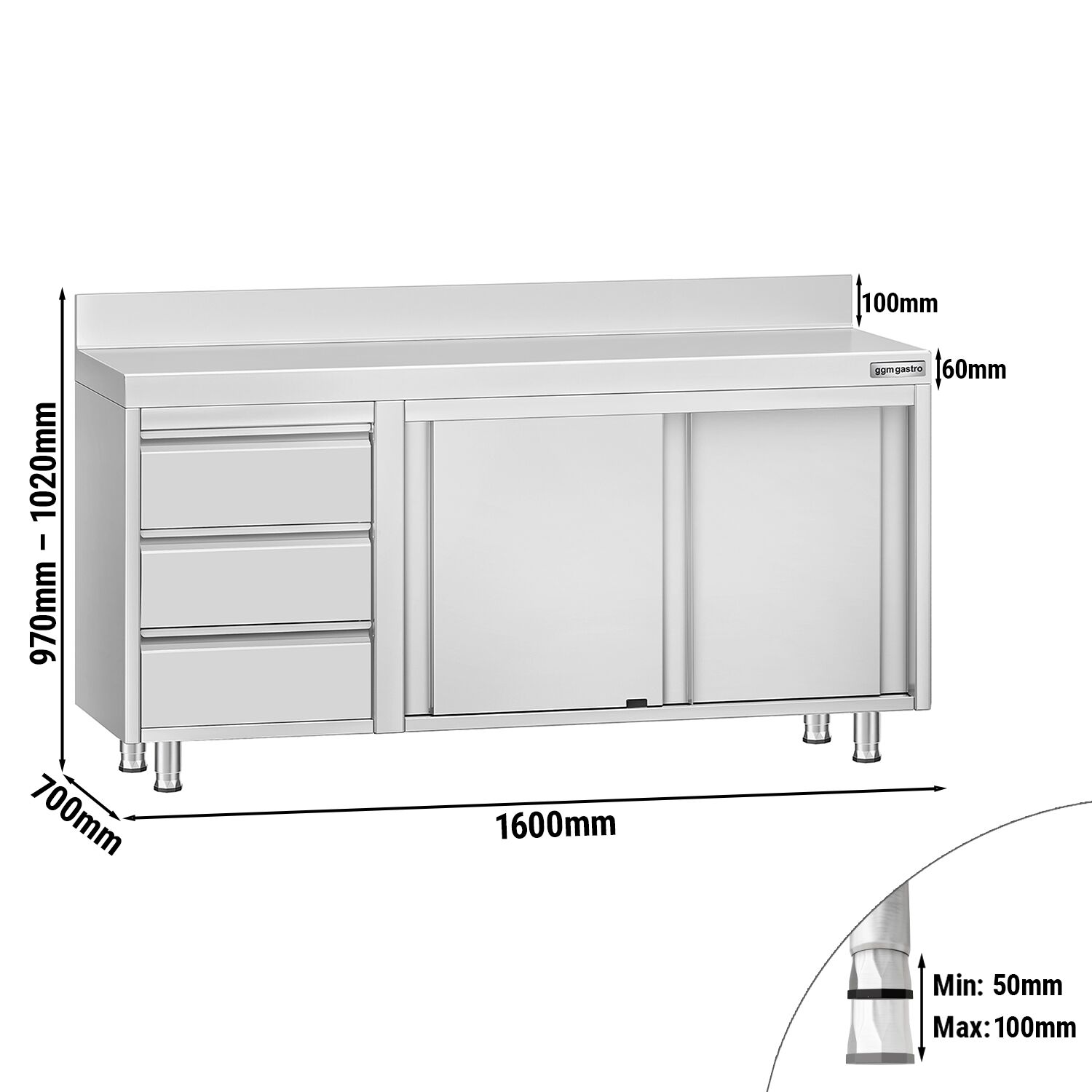 Table armoire en acier inoxydable ECO - 1600x700mm - avec 3 tiroirs à gauche et portes coulissantes - avec dosseret
