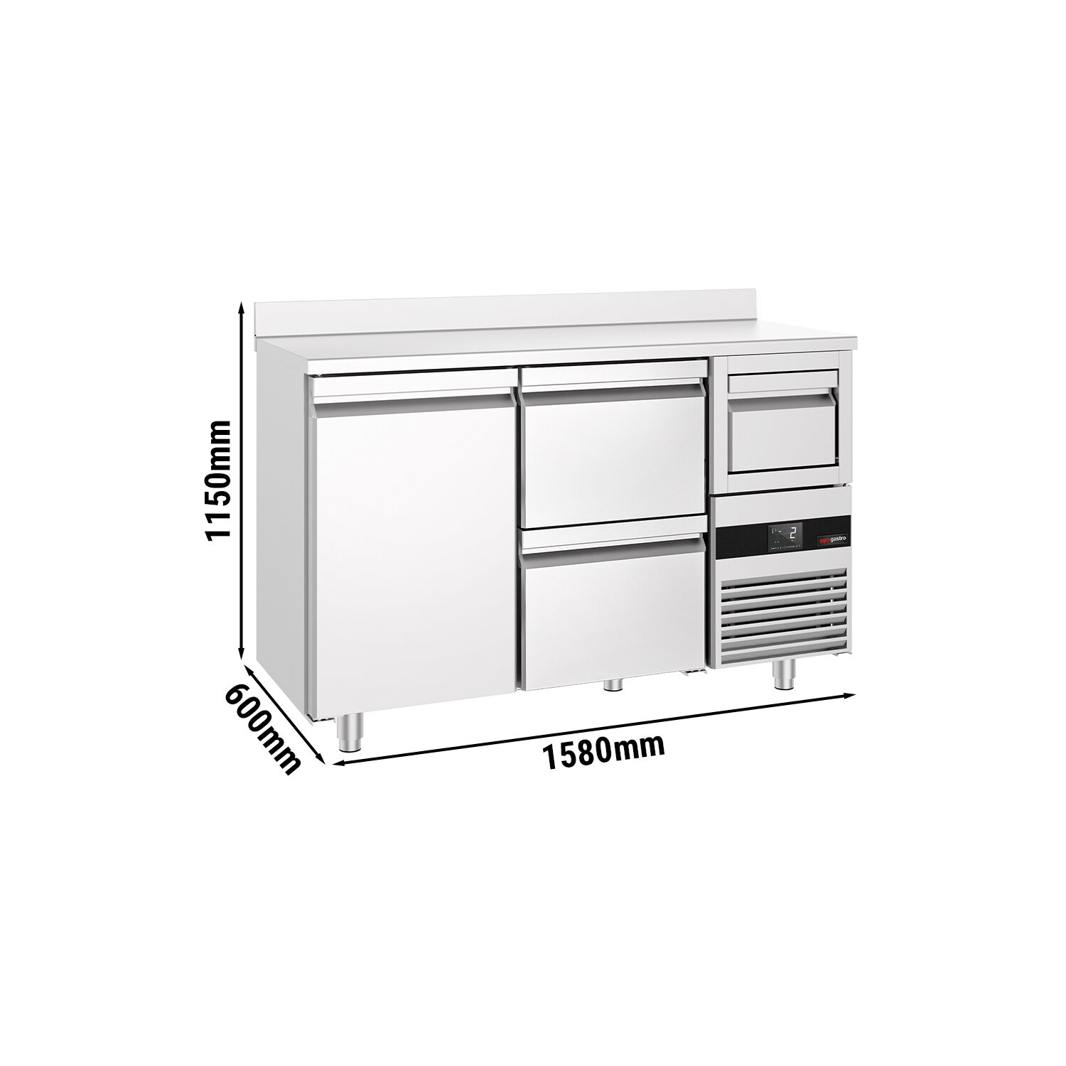 Arrière-bar réfrigéré professionnel  PREMIUM - 1580 x 600 mm - avec 1 porte et 2 tiroirs - avec dosseret - avec tiroir à marc de café