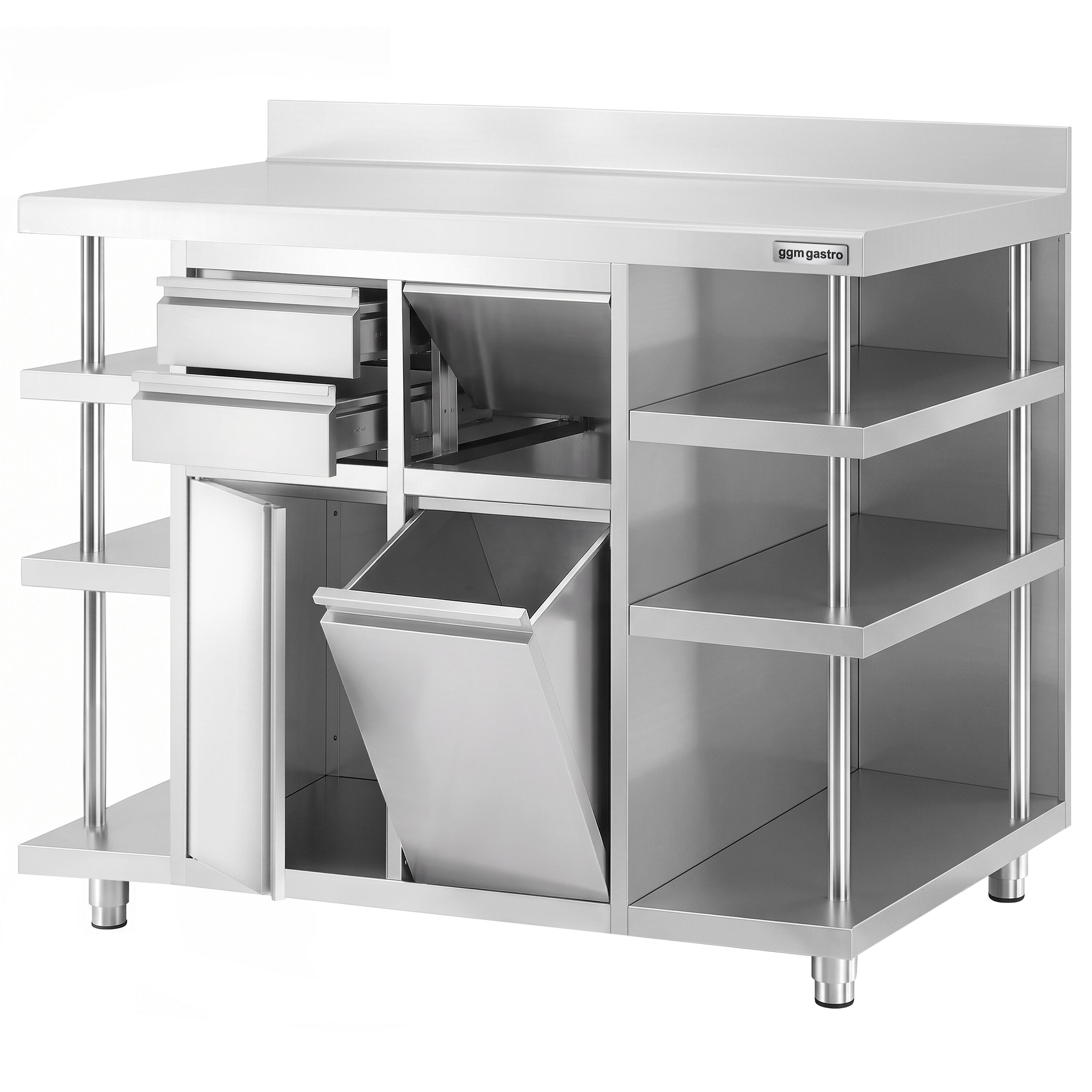 Work cabinet – for coffee machine – 1400 x 600 mm – with 1 hinged door, 2 drawers, waste bin, 6 shelves & upstand