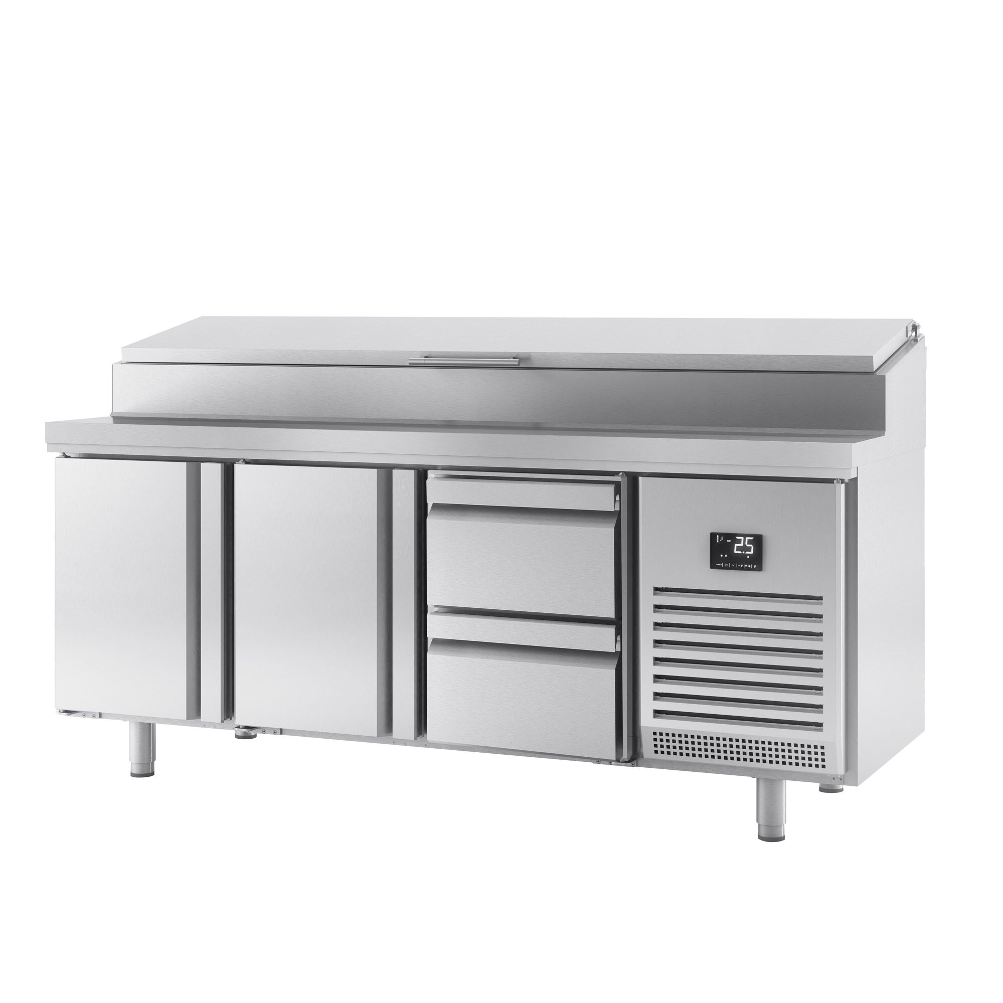 Table réfrigérée de préparation - 1960x600 mm - avec 2 portes & 2 tiroirs - superstructure inox pour 11 bacs GN 1/4