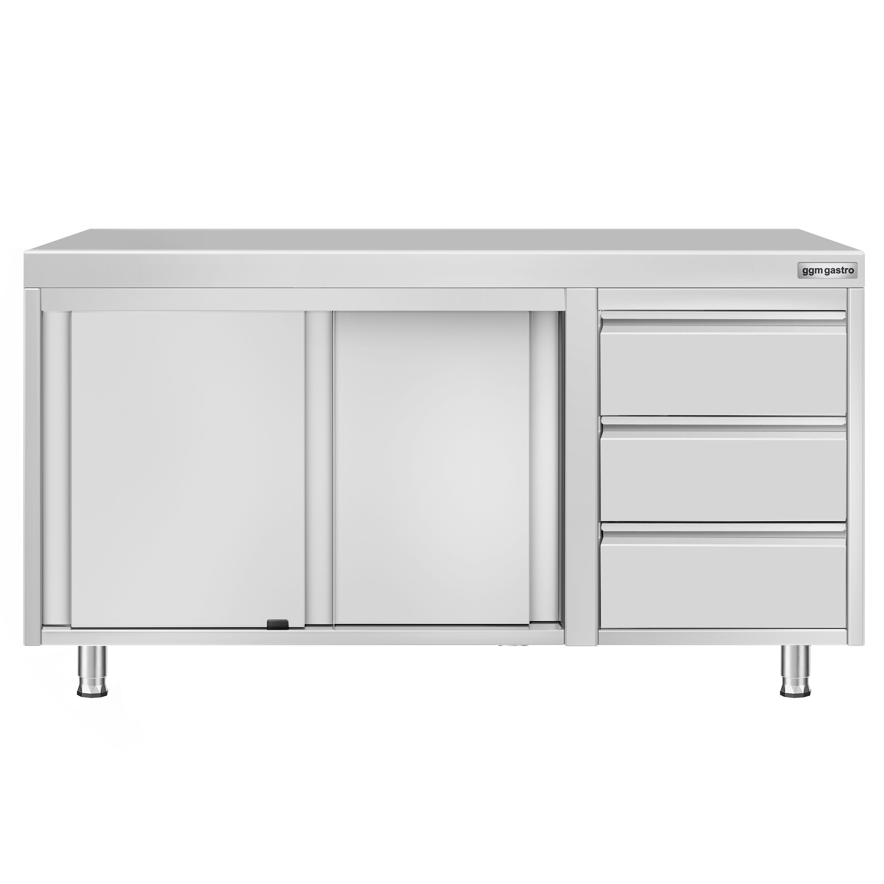 Table armoire en acier inoxydable ECO - 1400x600mm - avec 3 tiroirs à droite et portes coulissantes et étagère basse