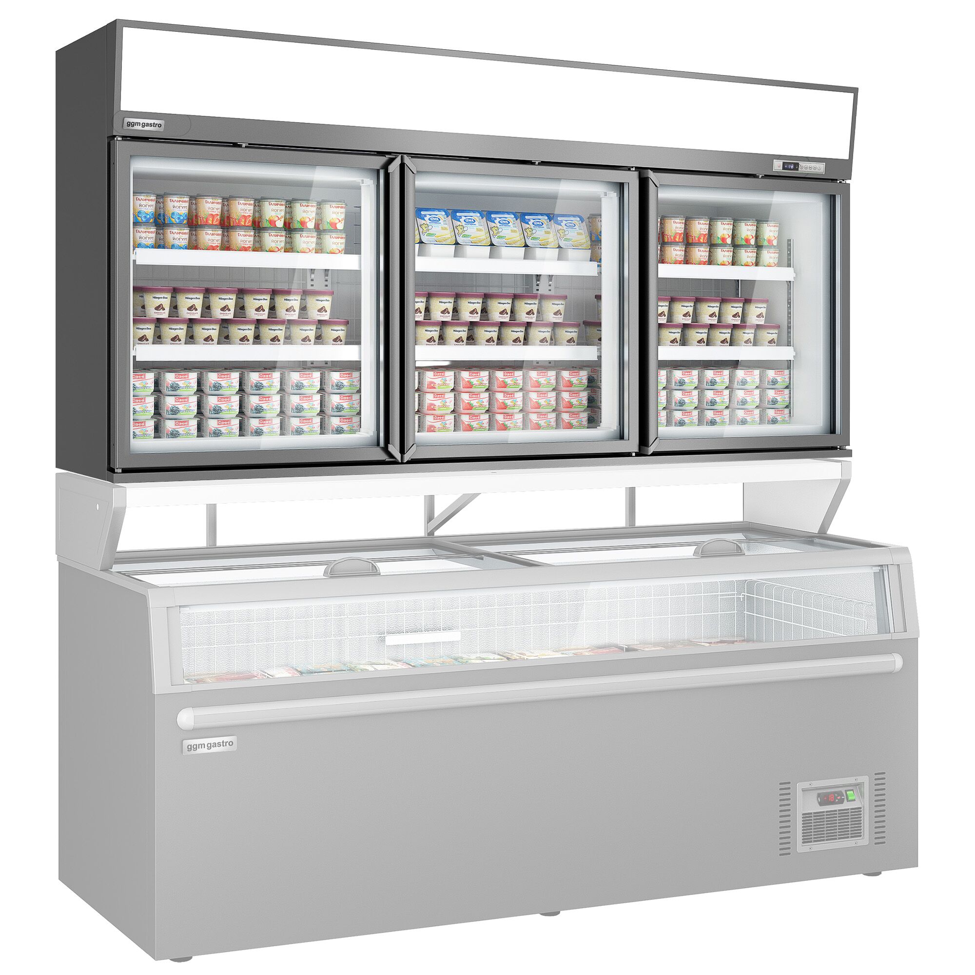 Vitrine murale de congélation pour supermarché - 2100 mm - 346 litres - avec 3 portes & 2 étagères - Gris