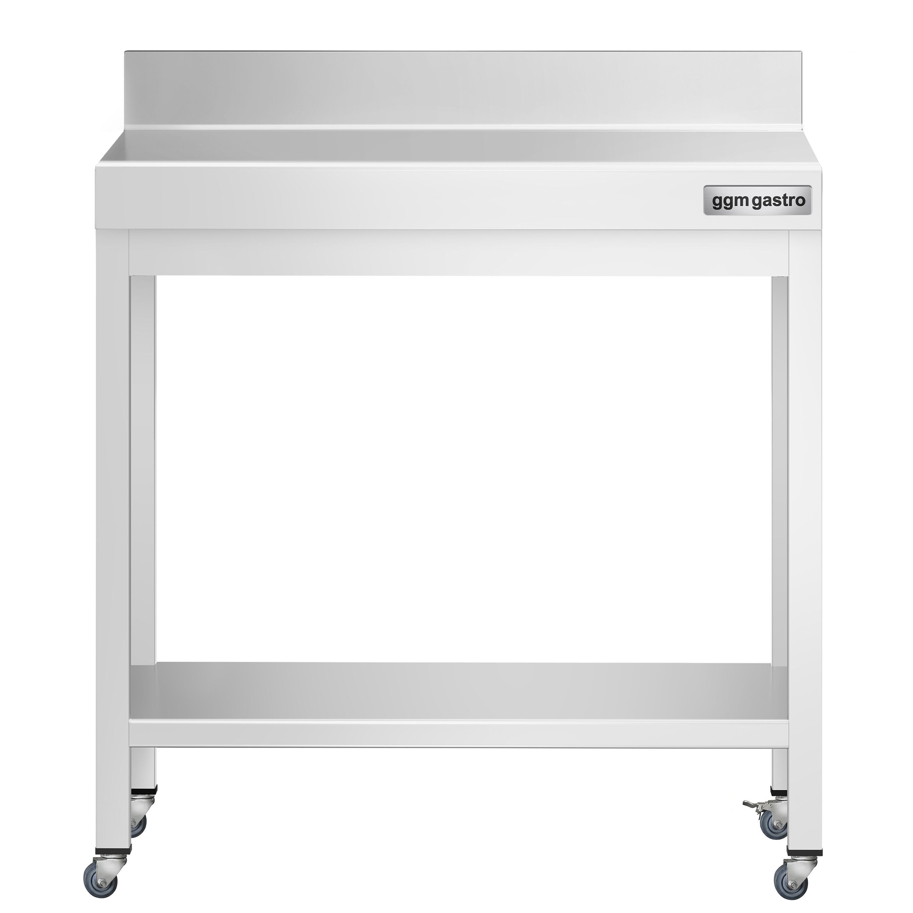 Table de travail en inox PREMIUM - 600 x 600 mm - avec tablette inférieure, dosseret et roulettes