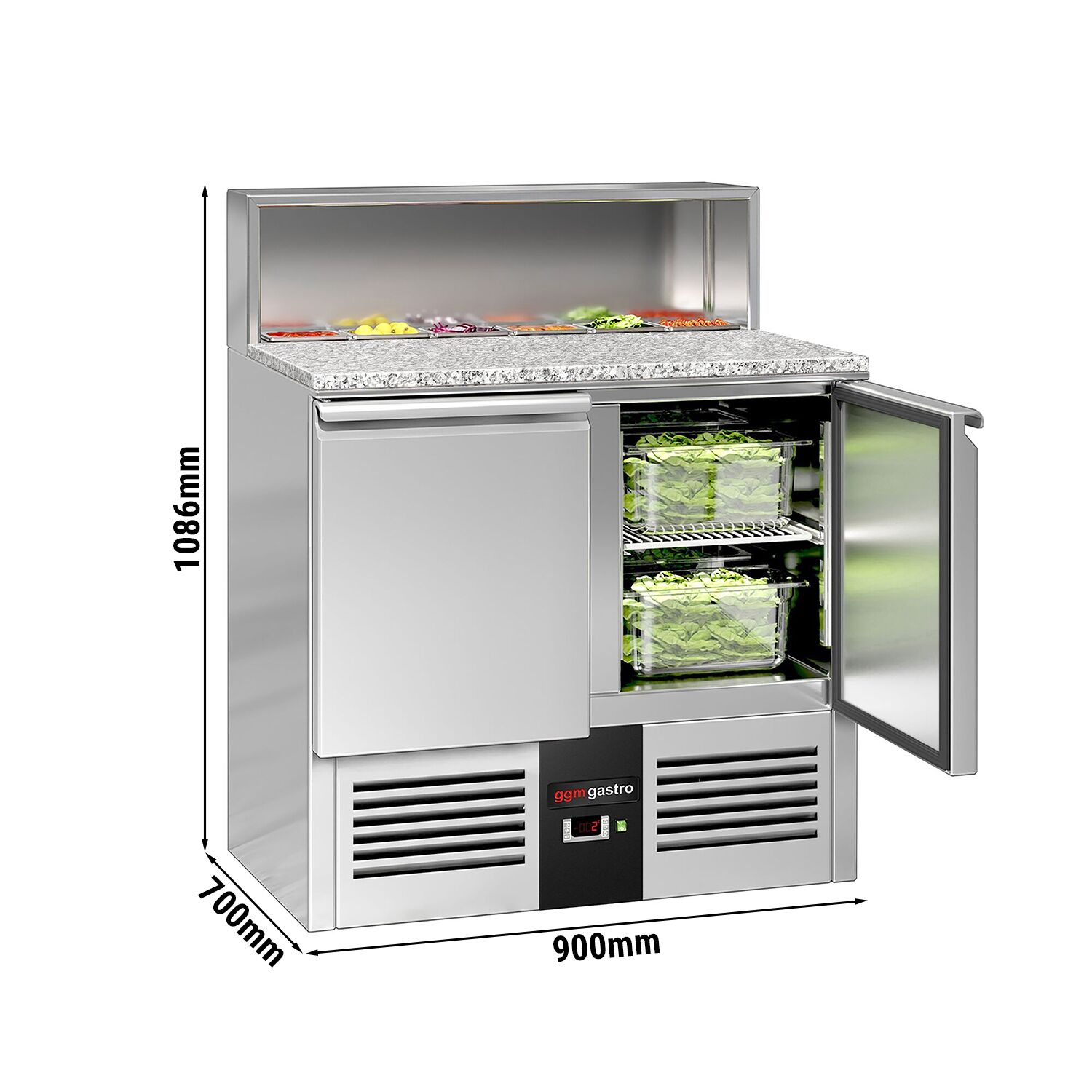 Saladette réfrigérée PREMIUM - 903mm - 240L - 2 portes - pour 5x GN 1/6 & Couvercle inox - plan de travail en granit noir